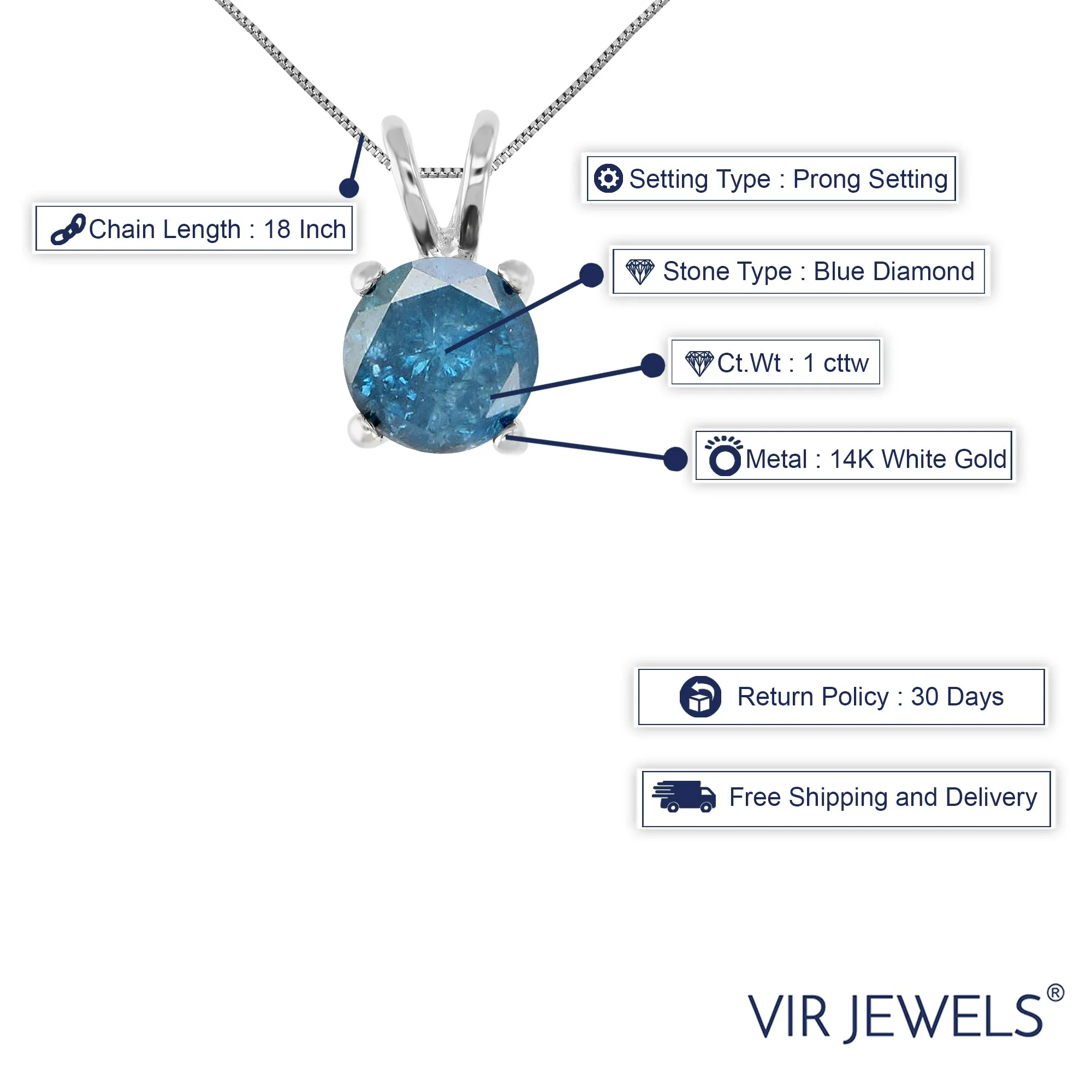 1 cttw Blue Diamond Solitaire Pendant Necklace 14K White Gold Round with Chain
