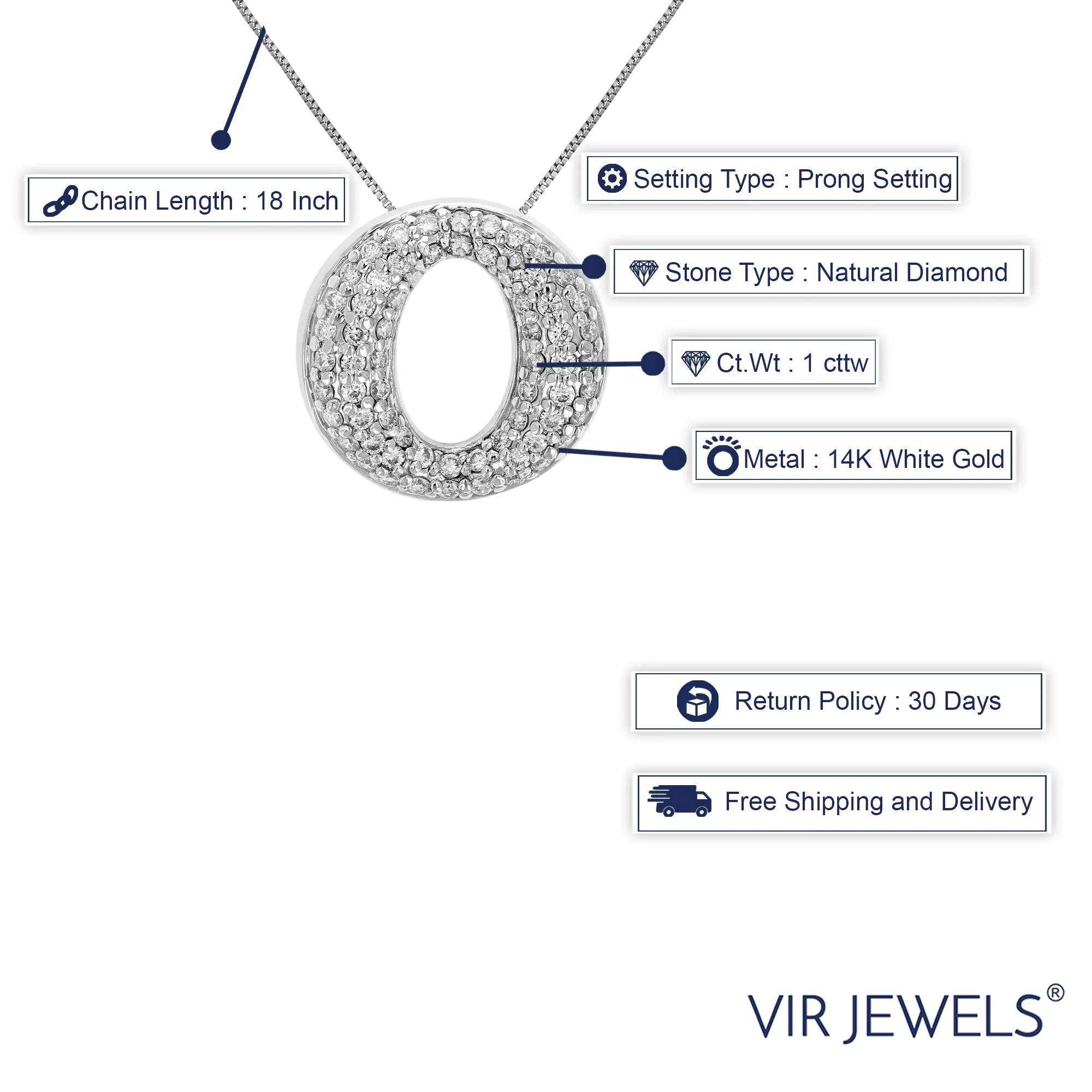 1 cttw Diamond Circle Composite Pendant Necklace 14K White Gold with Chain