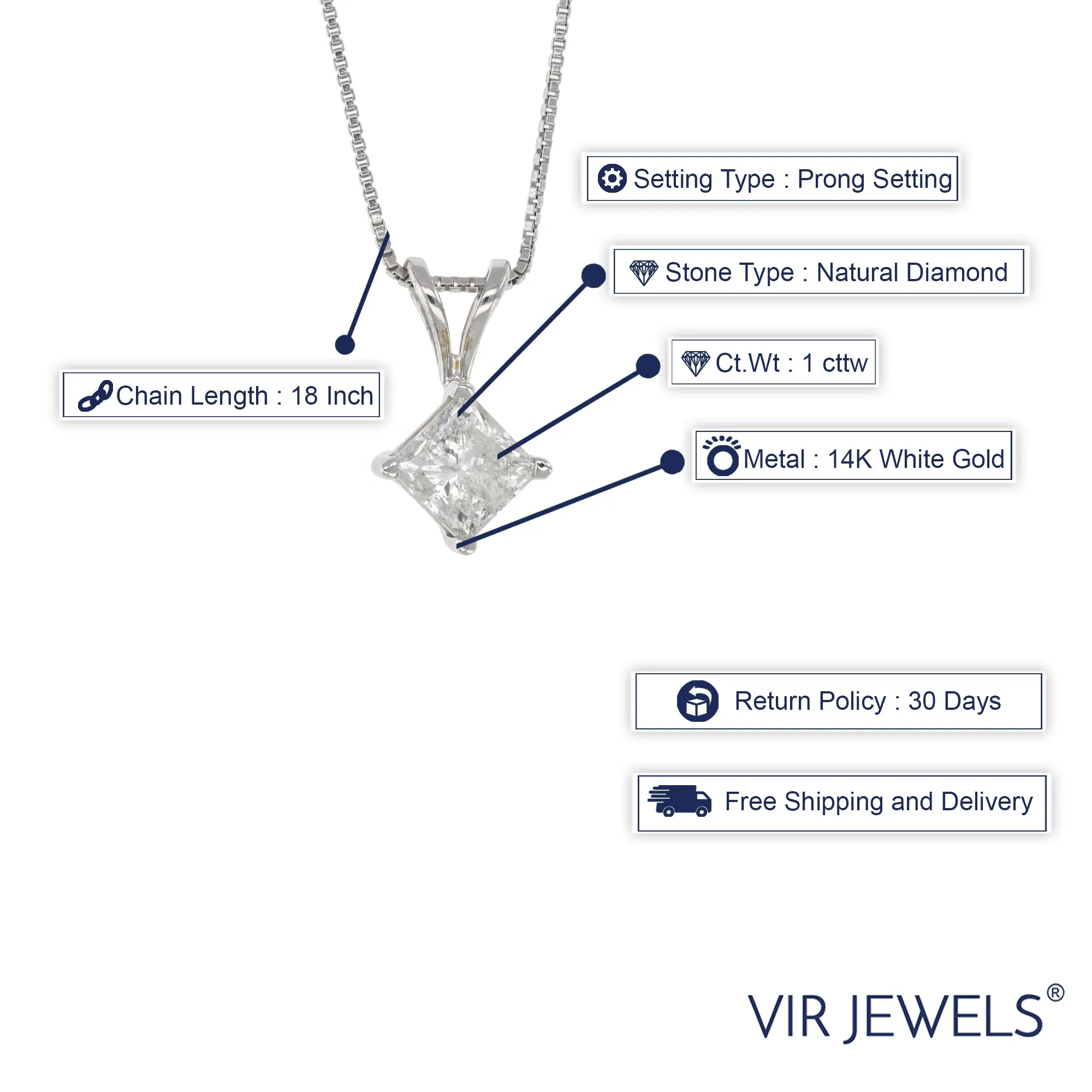 1 cttw Diamond Solitaire Pendant Necklace 14K White Gold Princess with Chain