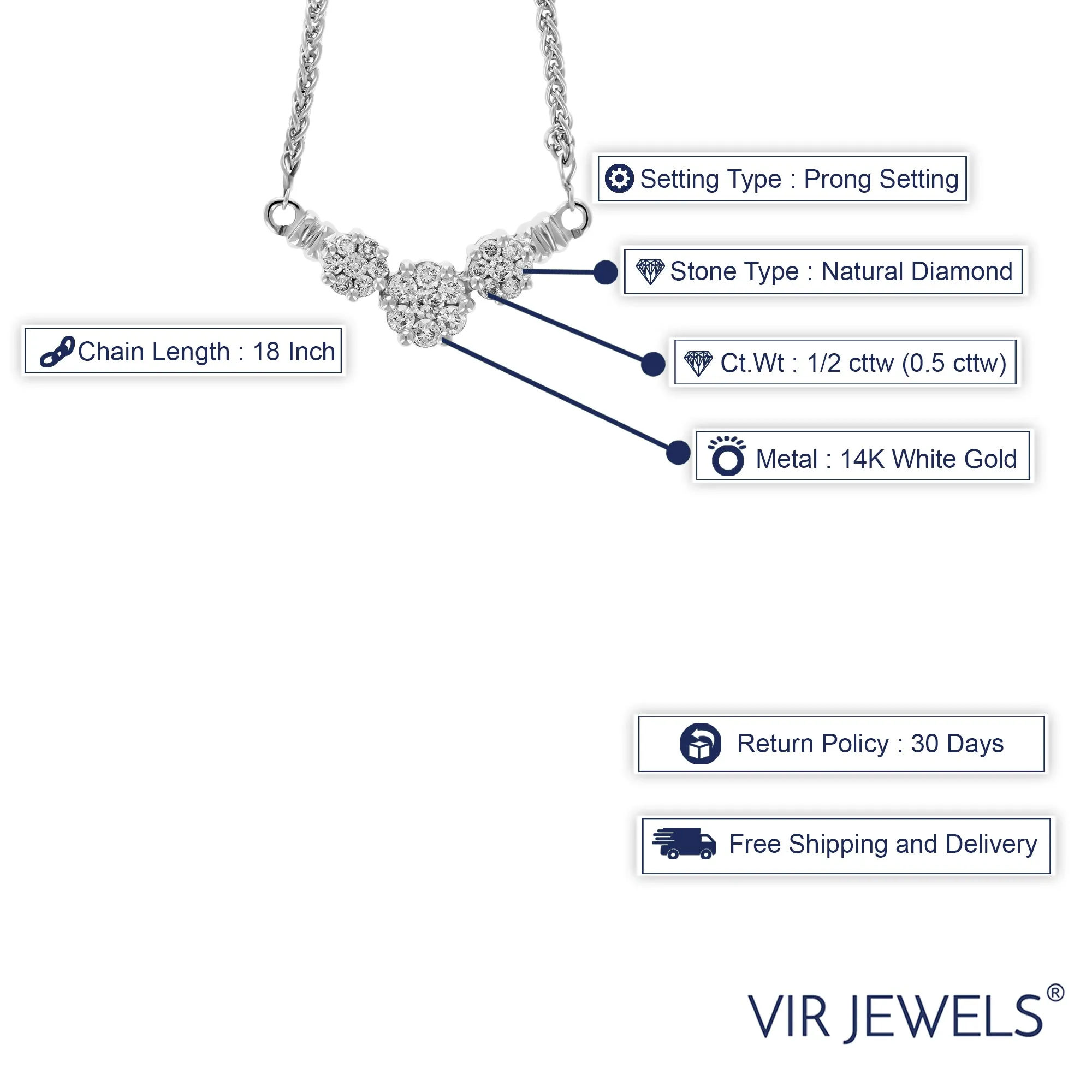 1/2 cttw 3 Stone Cluster Diamond Pendant Necklace 14K White Gold with Chain