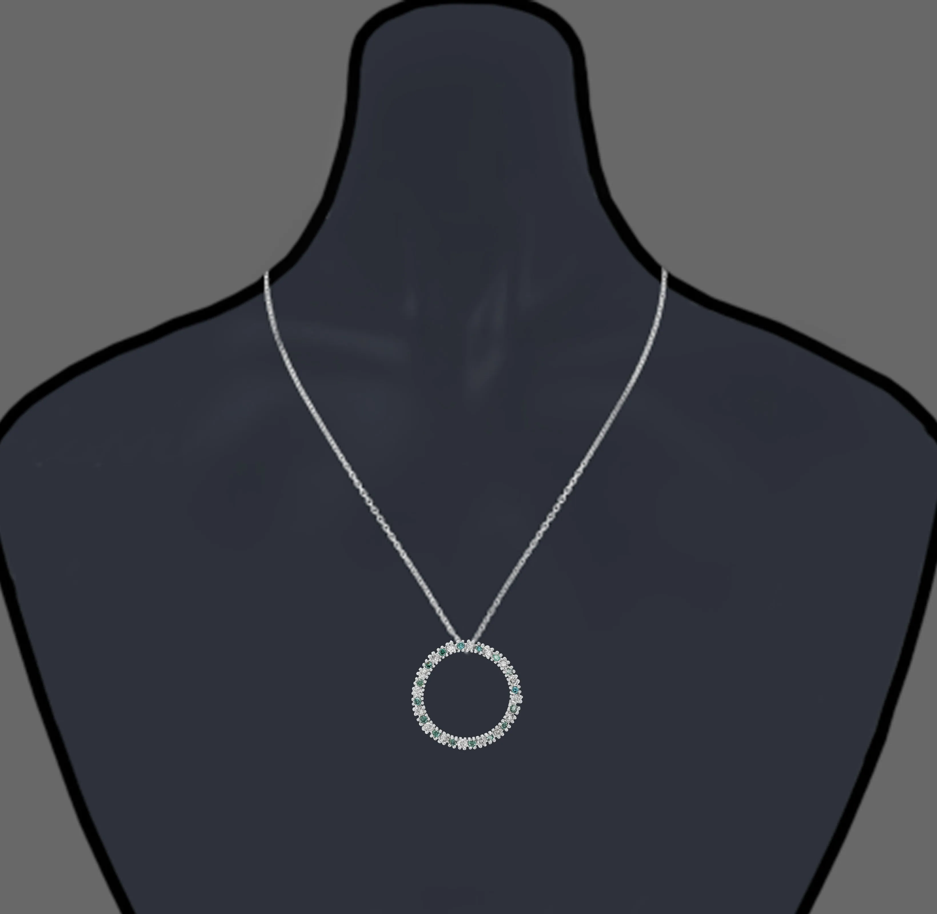 1/2 cttw Blue and White Diamond Circle Pendant Necklace 14K White Gold and Chain
