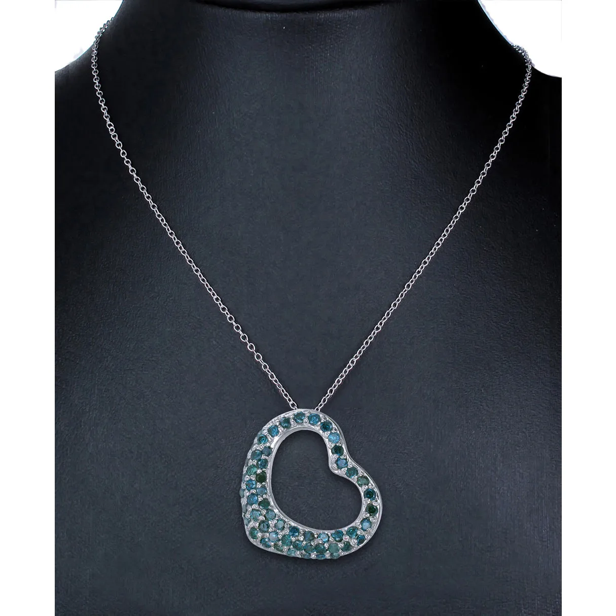 1.25 cttw Blue Diamond Heart Pendant Necklace .925 Sterling Silver with Chain