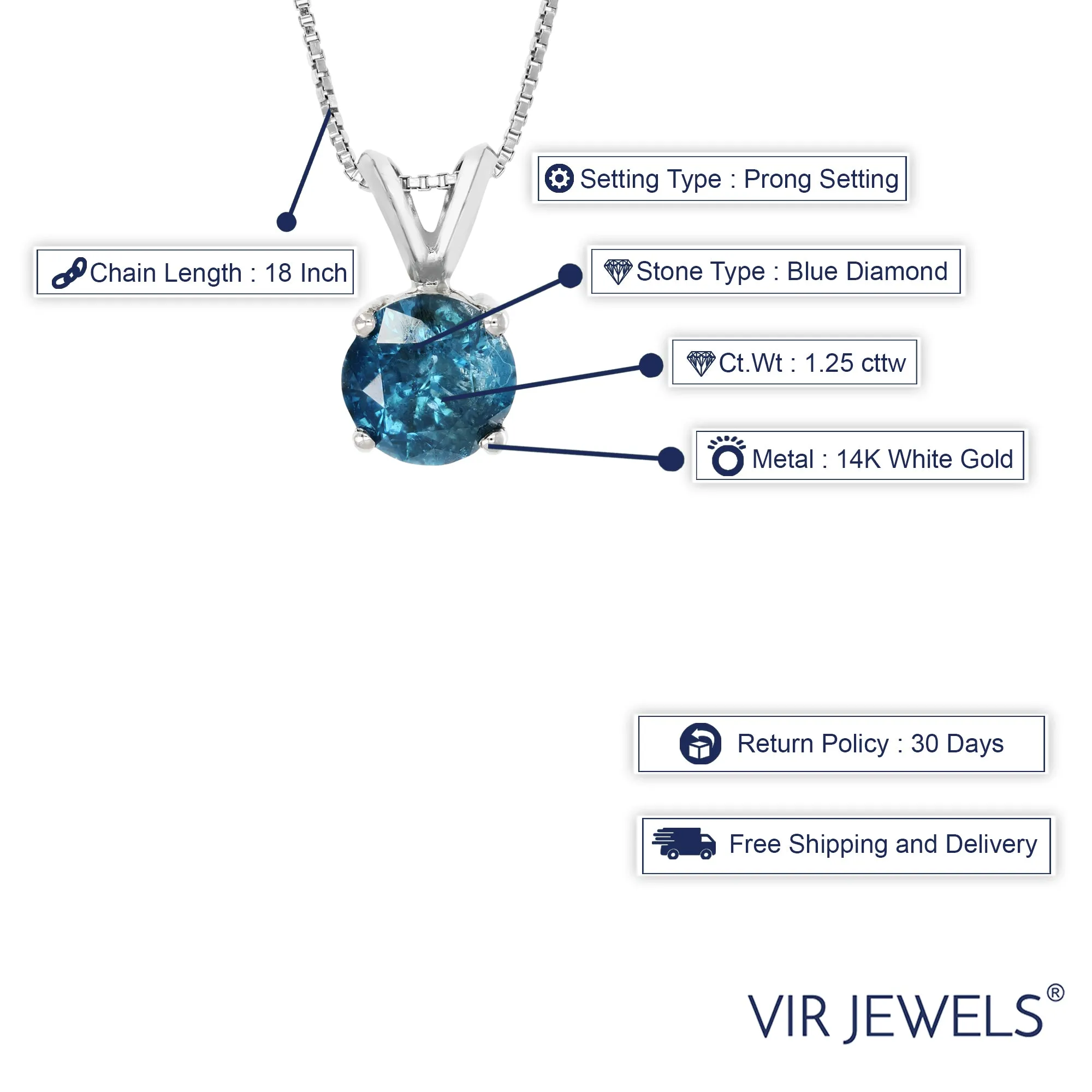1.25 cttw Blue Diamond Solitaire Pendant Necklace 14K White Gold Round and Chain