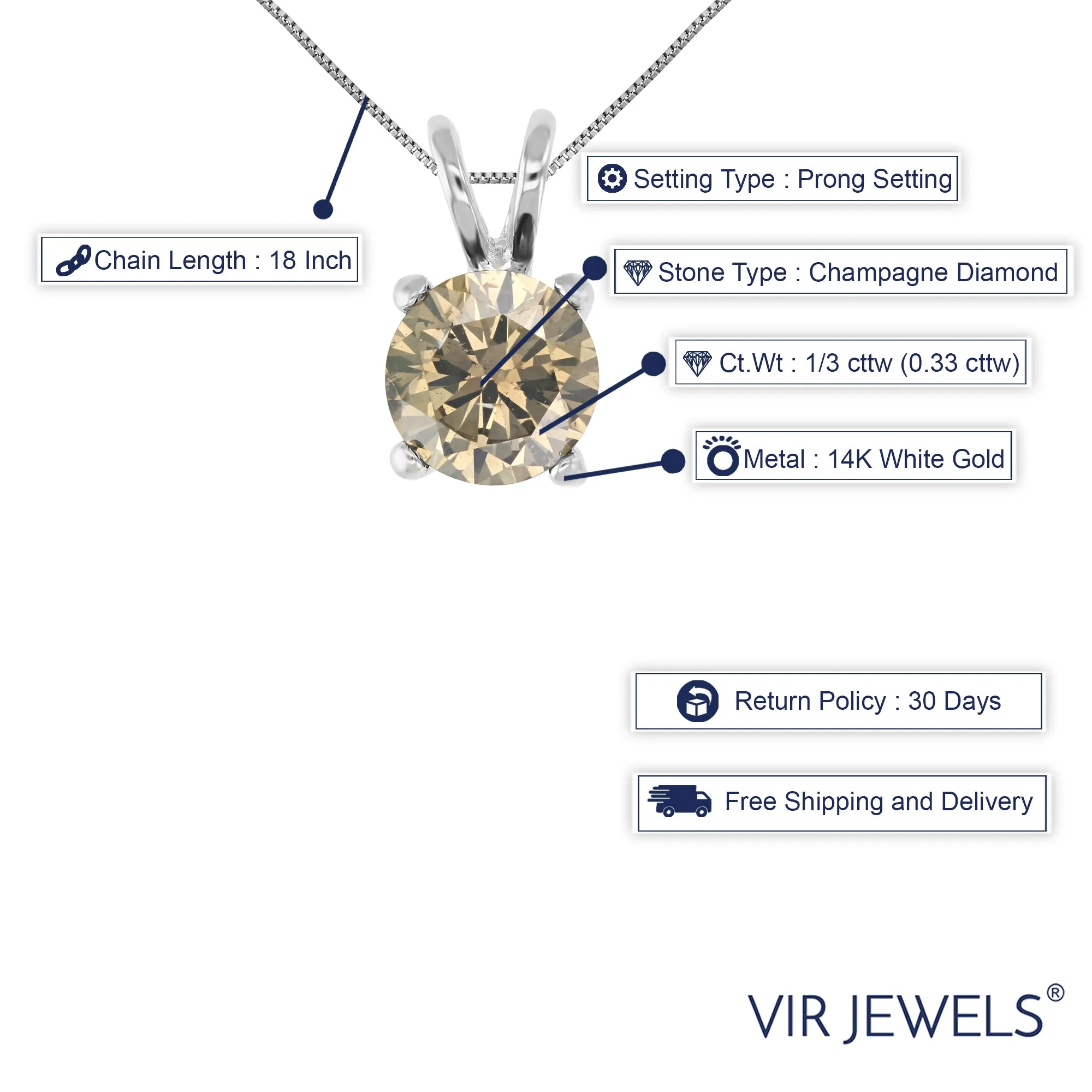 1/3 cttw Champagne Diamond Solitaire Pendant 14K White Gold Round with Chain