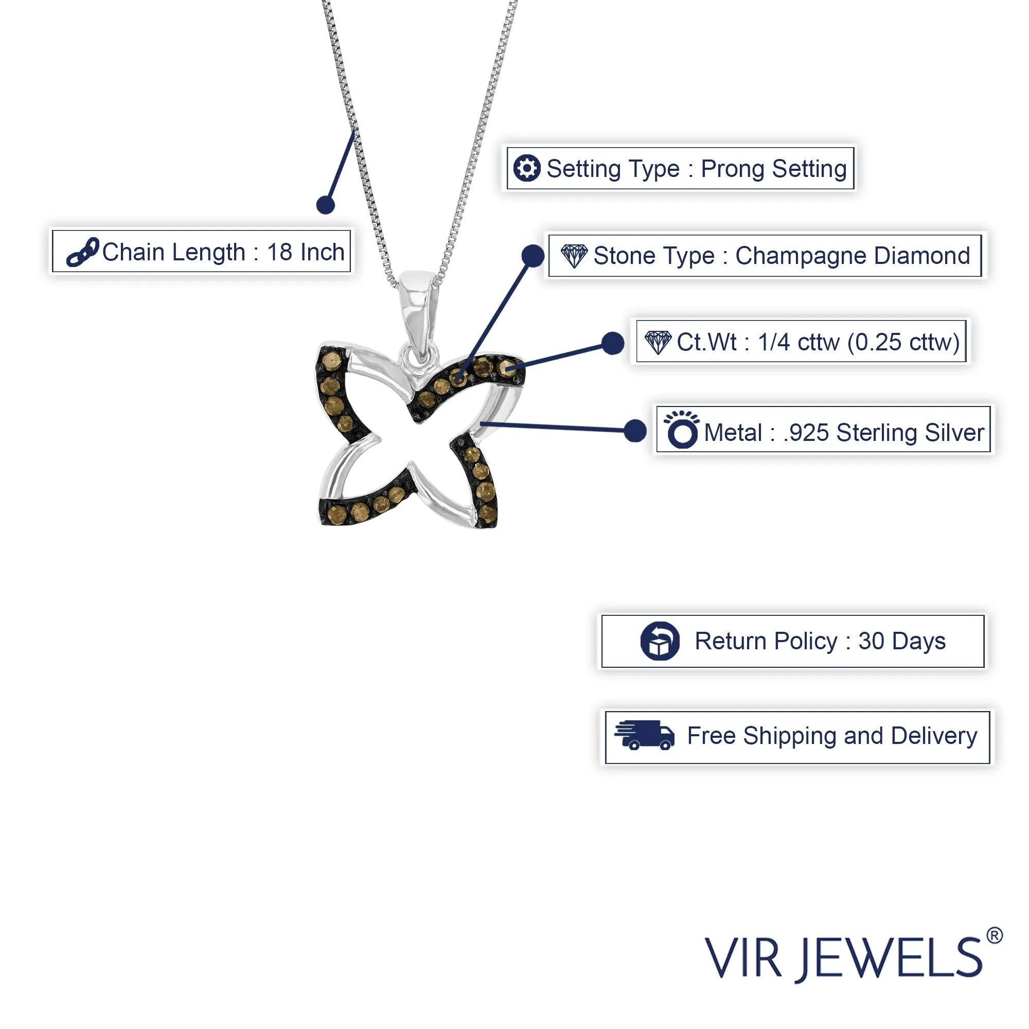 1/4 cttw Champagne Diamond Pendant Necklace .925 Sterling Silver With Rhodium