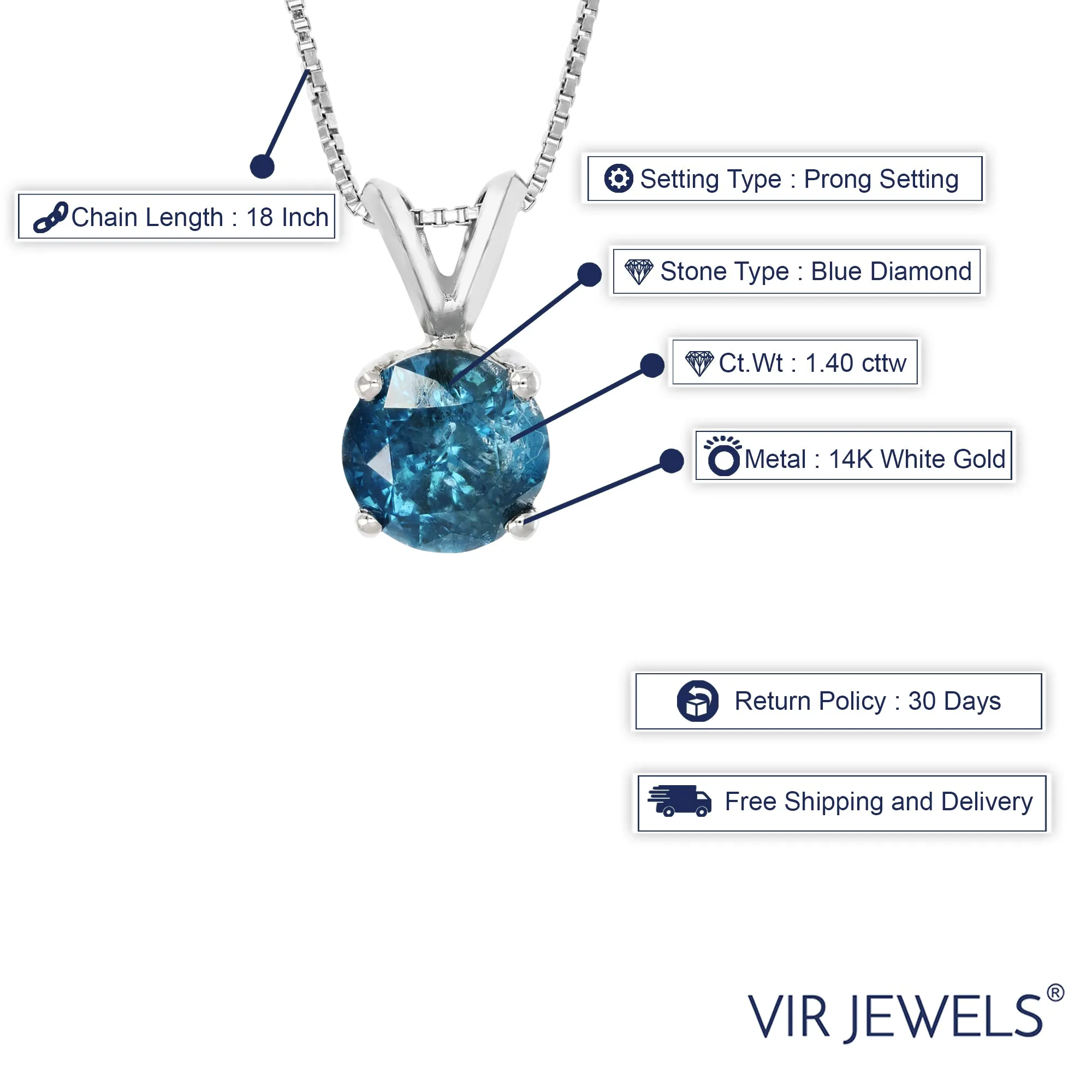 1.40 cttw Blue Diamond Solitaire Pendant Necklace 14K White Gold Round and Chain