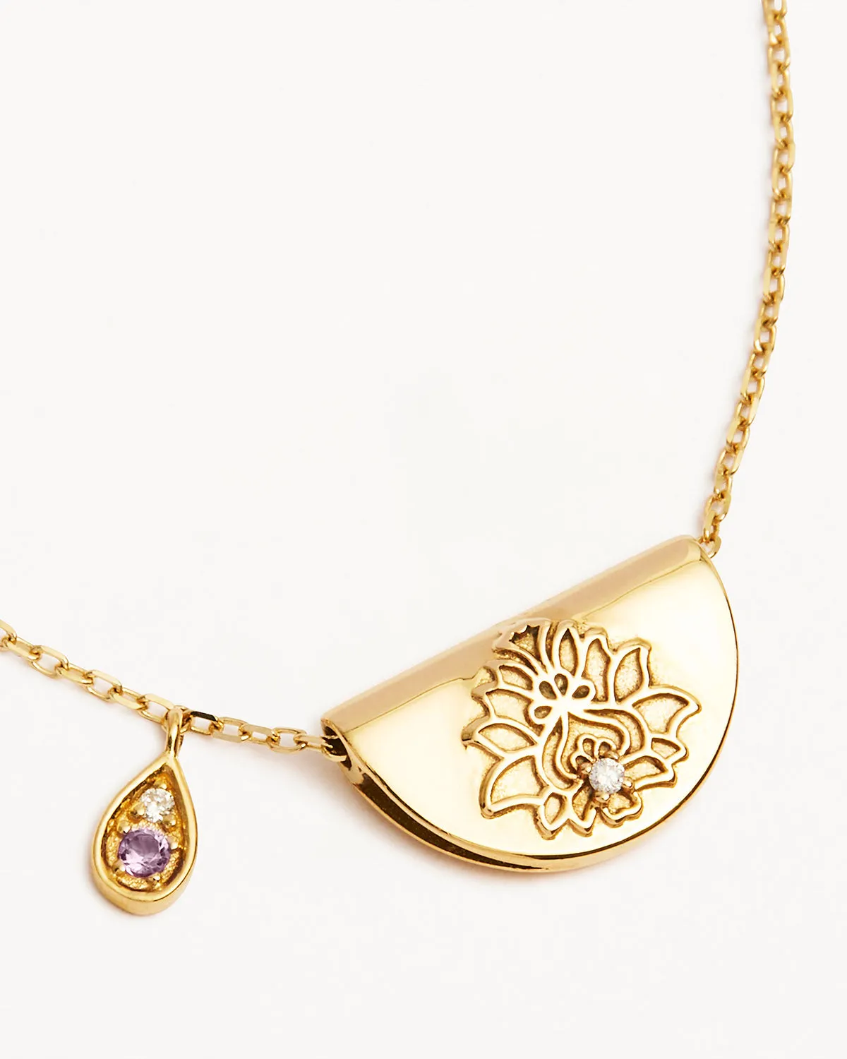 14k Solid Gold Lotus Birthstone Diamond Necklace - February - Amethyst Bycharlotte