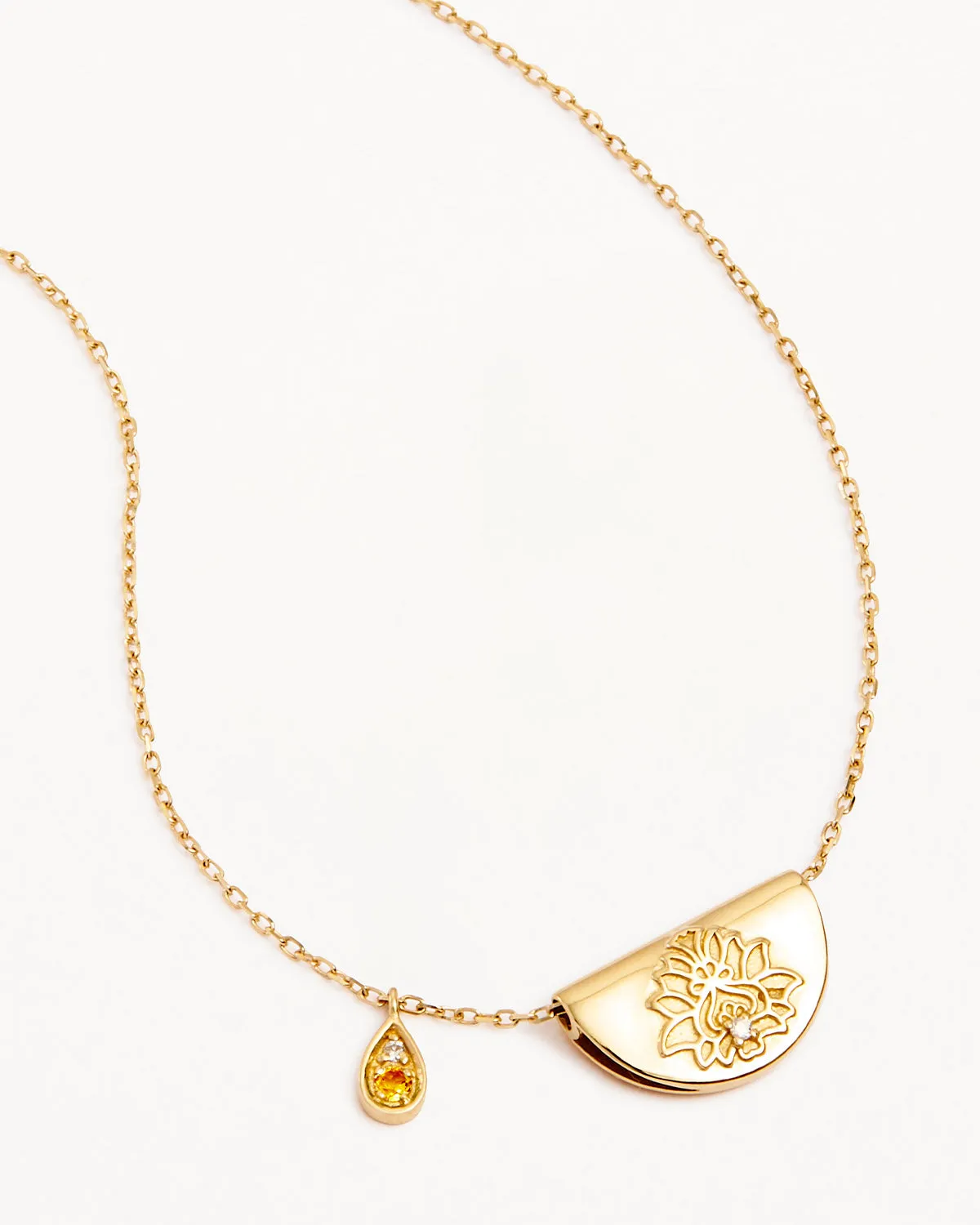 14k Solid Gold Lotus Birthstone Diamond Necklace - November - Citrine Bycharlotte