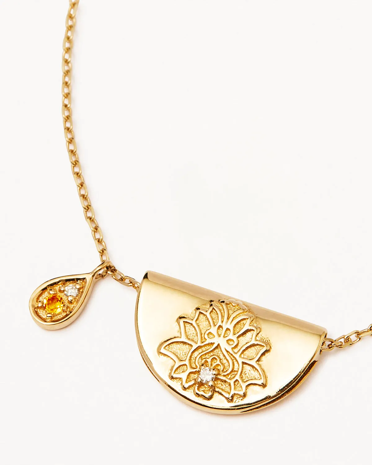 14k Solid Gold Lotus Birthstone Diamond Necklace - November - Citrine Bycharlotte