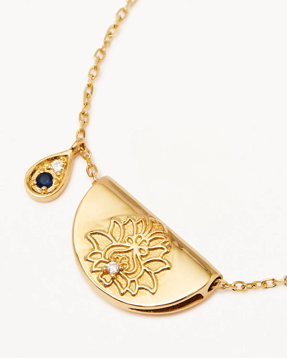 14k Solid Gold Lotus Birthstone Diamond Necklace - September - Sapphire Bycharlotte