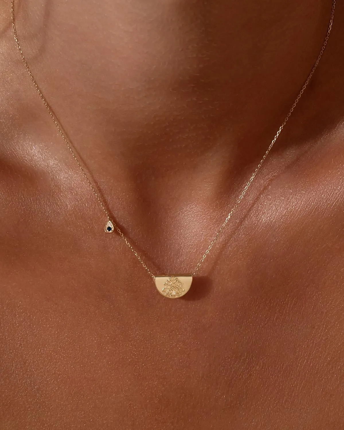 14k Solid Gold Lotus Birthstone Diamond Necklace - September - Sapphire Bycharlotte