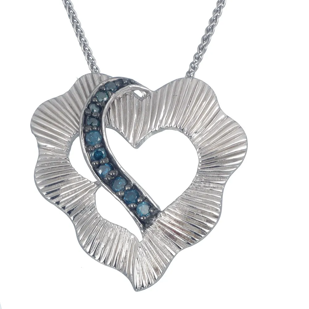 1/5 cttw Blue Diamond Heart Pendant Necklace .925 Sterling Silver With Chain