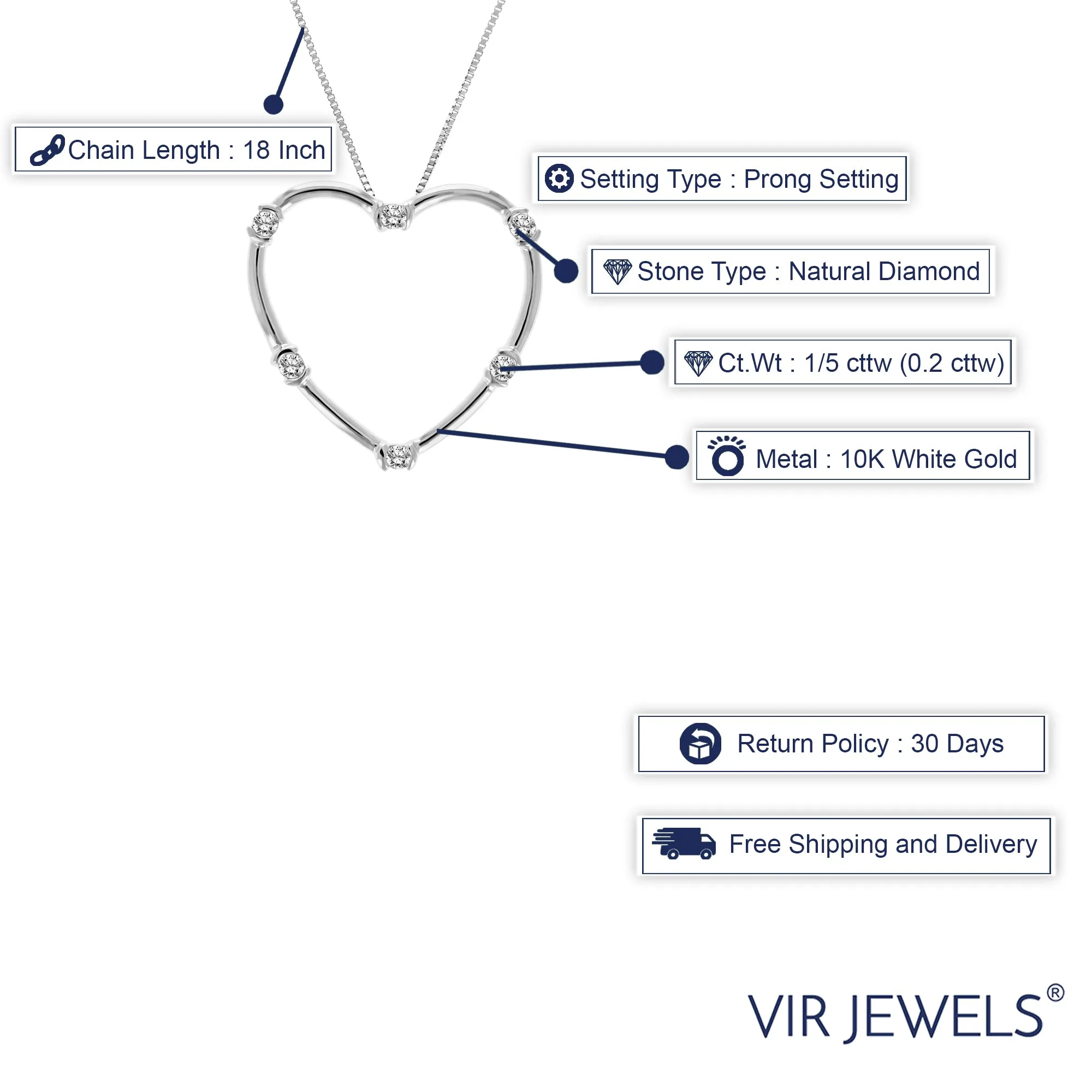 1/5 cttw Diamond Heart Pendant Necklace 10K White Gold with 18 Inch Chain