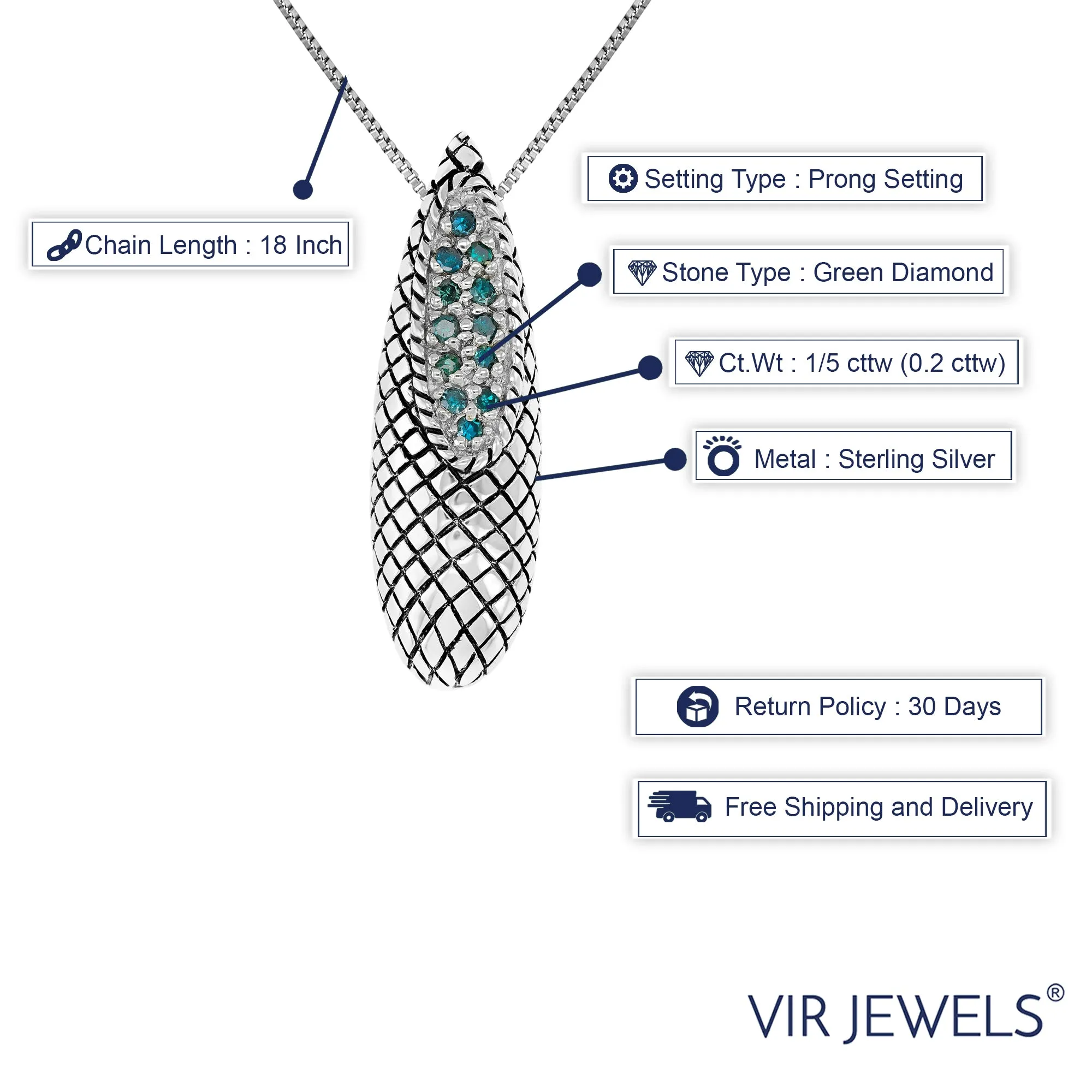 1/5 cttw Green Diamond Pendant Necklace .925 Sterling Silver with 18 Inch Chain