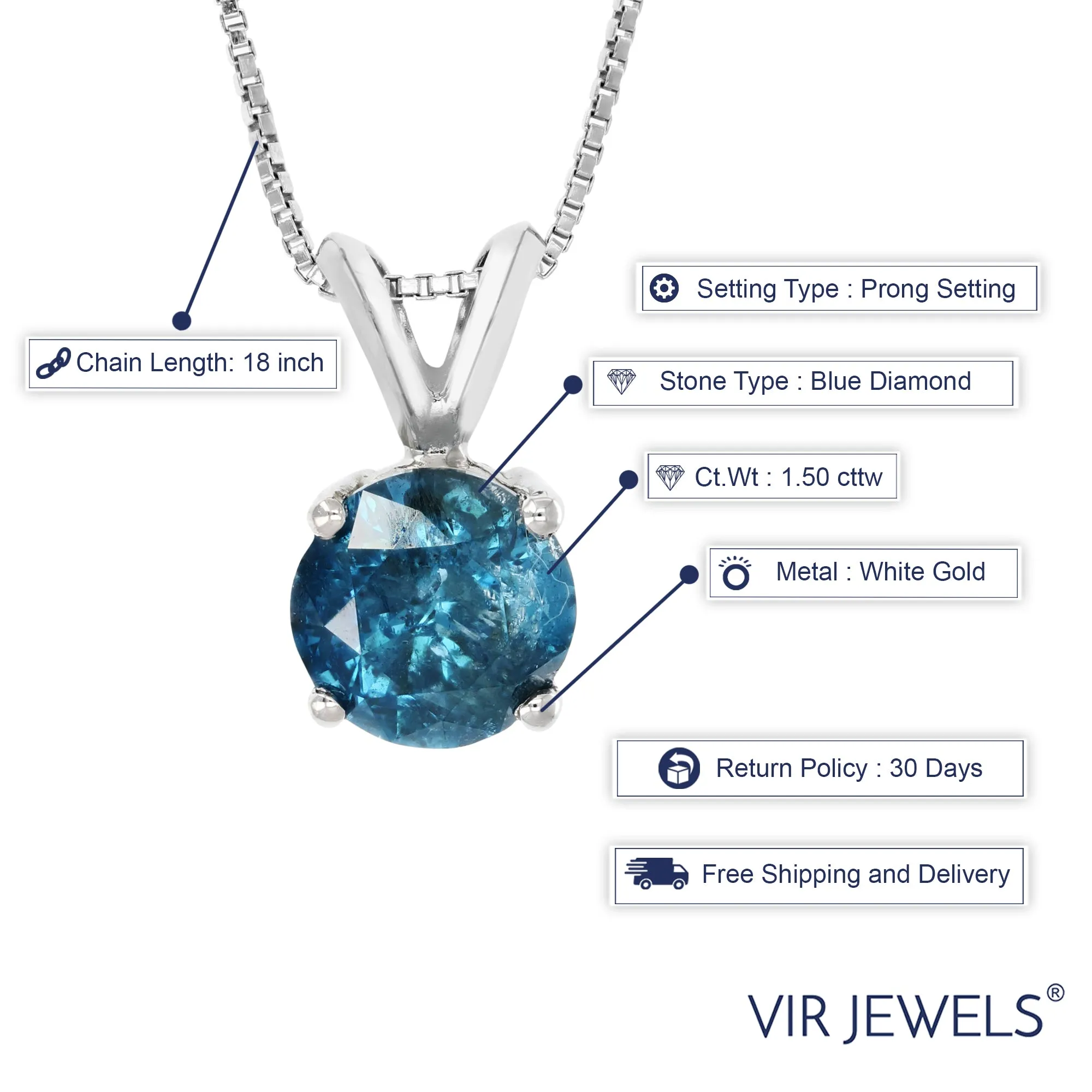 1.50 cttw Blue Diamond Solitaire Pendant Necklace 14K White Gold Round and Chain