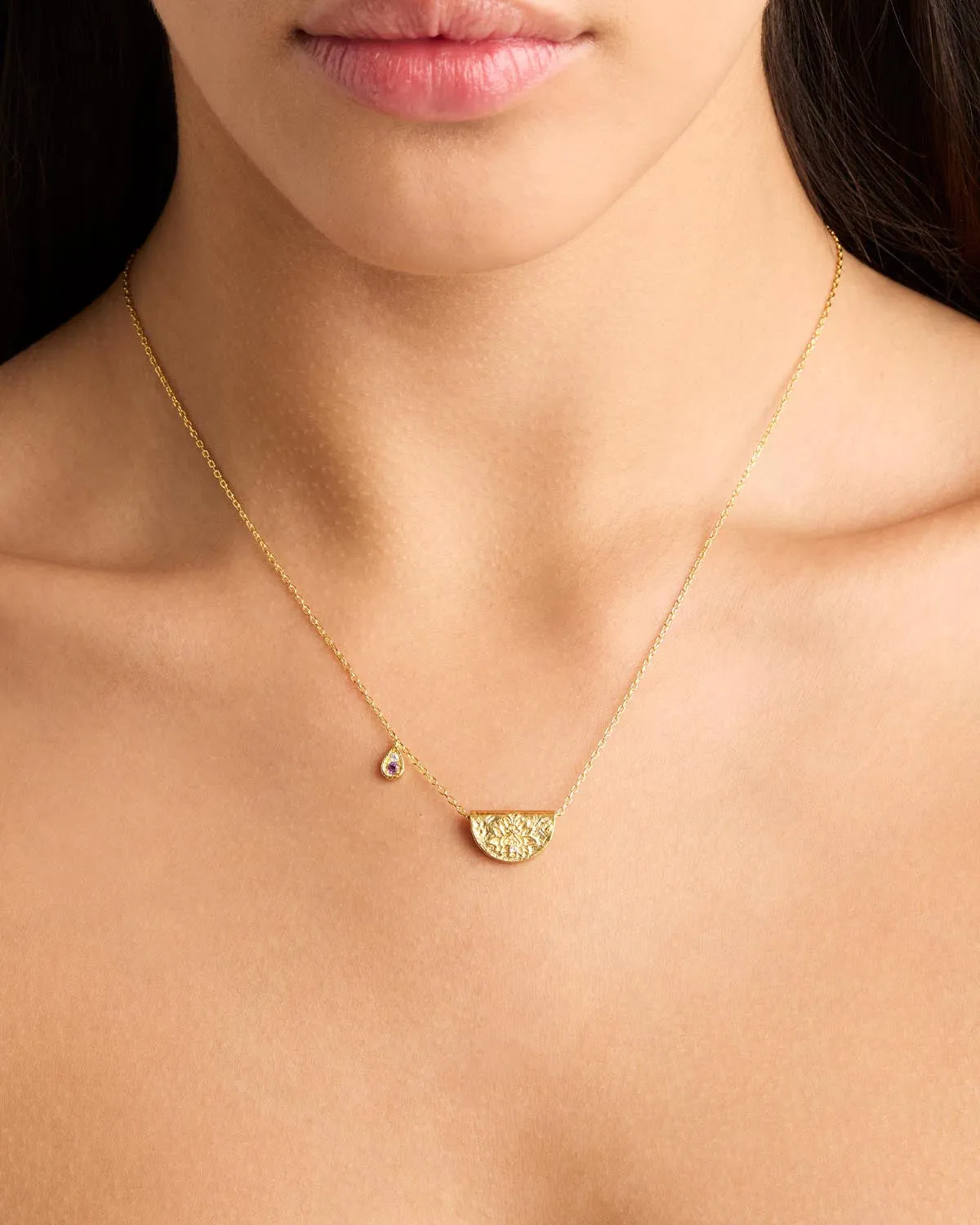18k Gold Vermeil Lotus Birthstone Necklace - February - Amethyst Bycharlotte