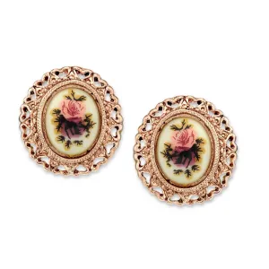 1928 Jewelry Manor House Pink & Purple Rose Flower Hearts Button Earrings 1928 Jewelry