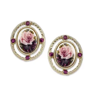 2028 Jewelry Purple And Pink Decal Floral Manor House Oval Button Earrings 1928 Jewelry