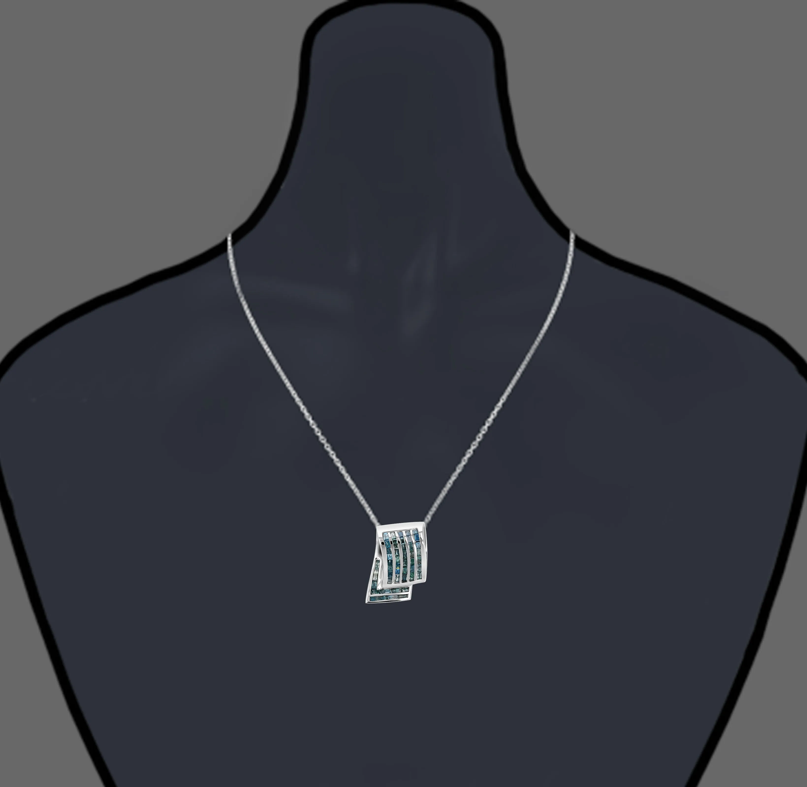 2.30 cttw Blue Diamond Baguette Pendant Necklace 14K White Gold with 18 Inch Chain
