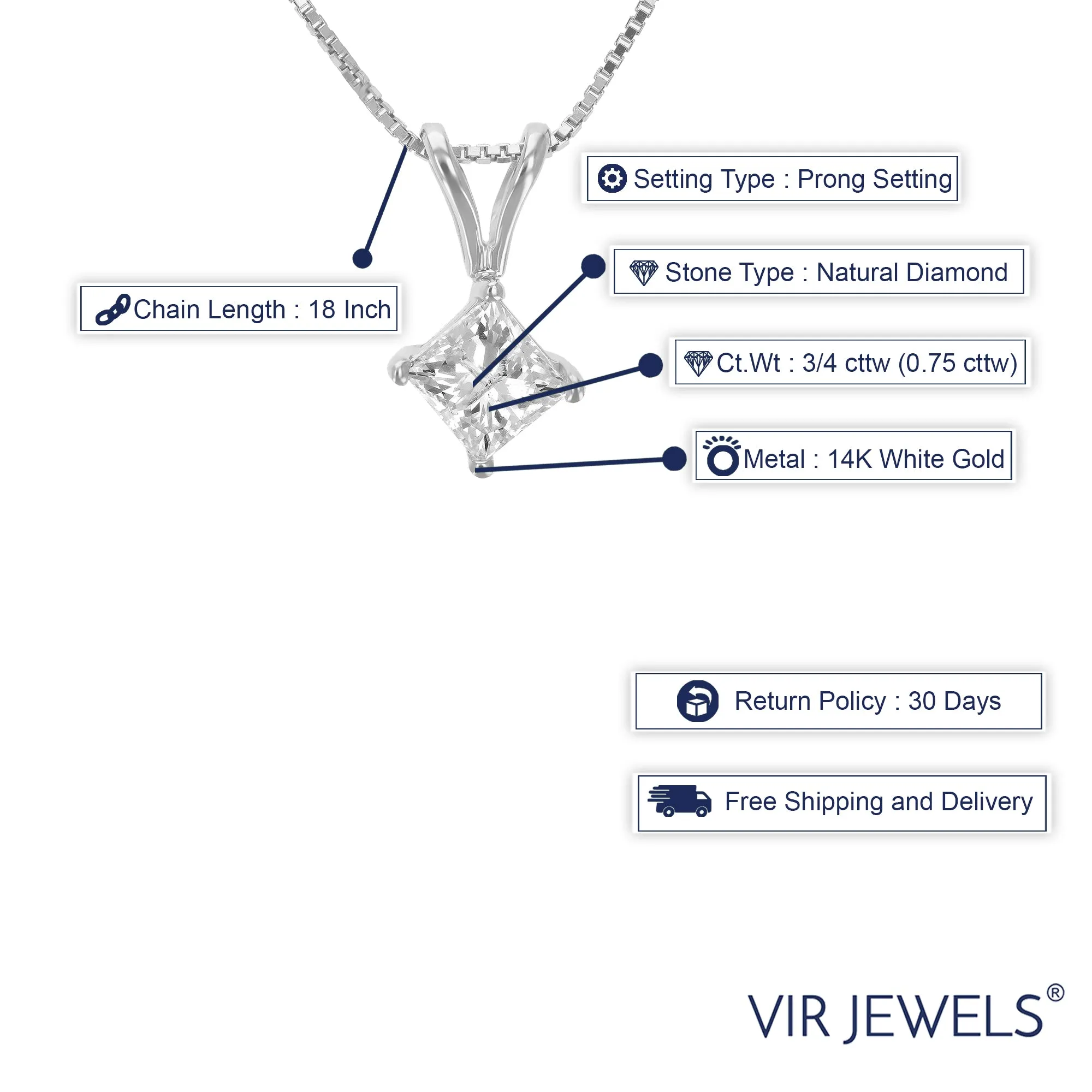 3/4 cttw Diamond Solitaire Pendant Necklace 14K White Gold Princess with Chain