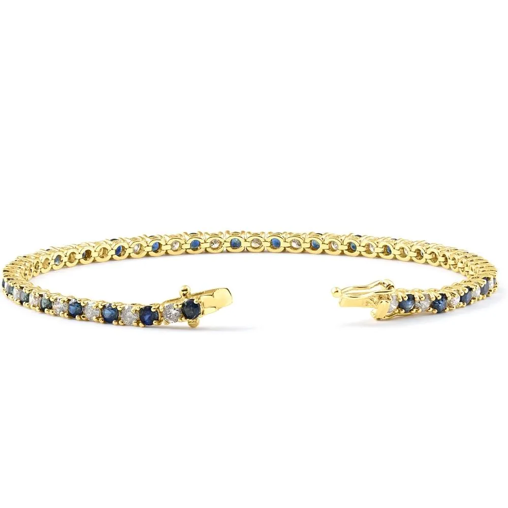 3ct Blue Sapphire & Diamond Tennis Bracelet 14K Yellow Gold 7"