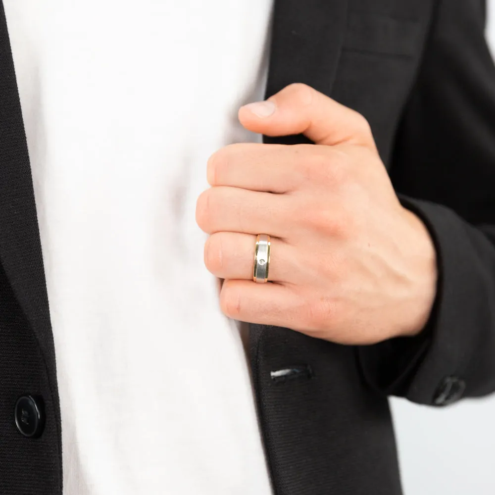 9ct Yellow Gold 1 Diamond Mens Ring with White Gold Rhodium Shiels