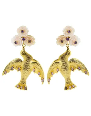 Carved Mother of Pearl Gold Bird Earrings