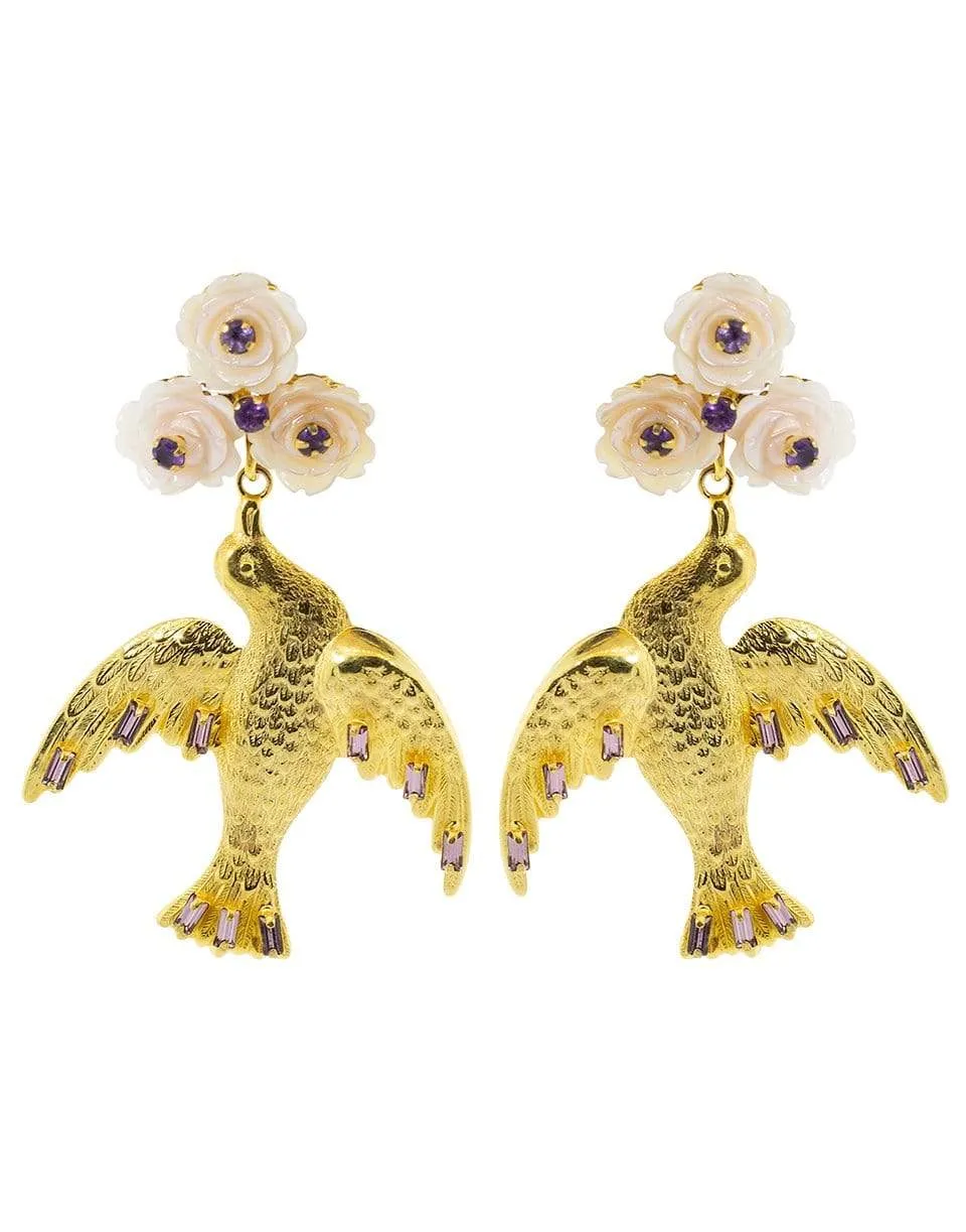 Carved Mother of Pearl Gold Bird Earrings