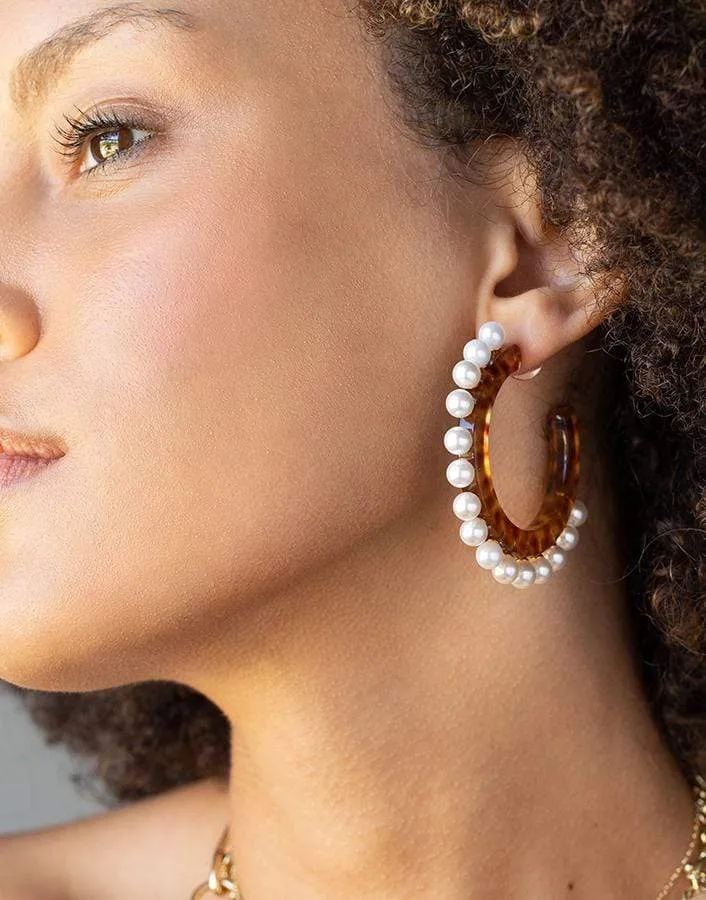 Cheetah Pearl Block Hoop Earrings