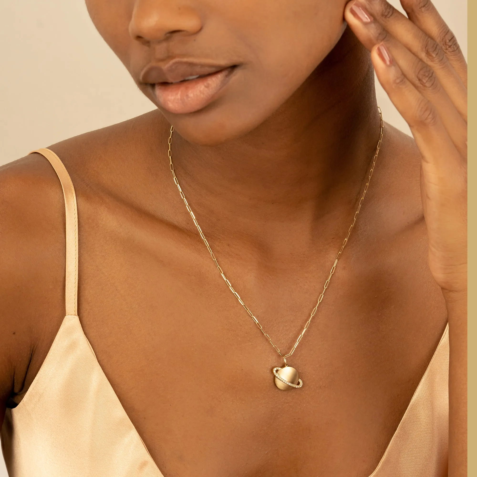 Diamond Saturn Charm Paperclip Necklace, Michelle SARAHELISE