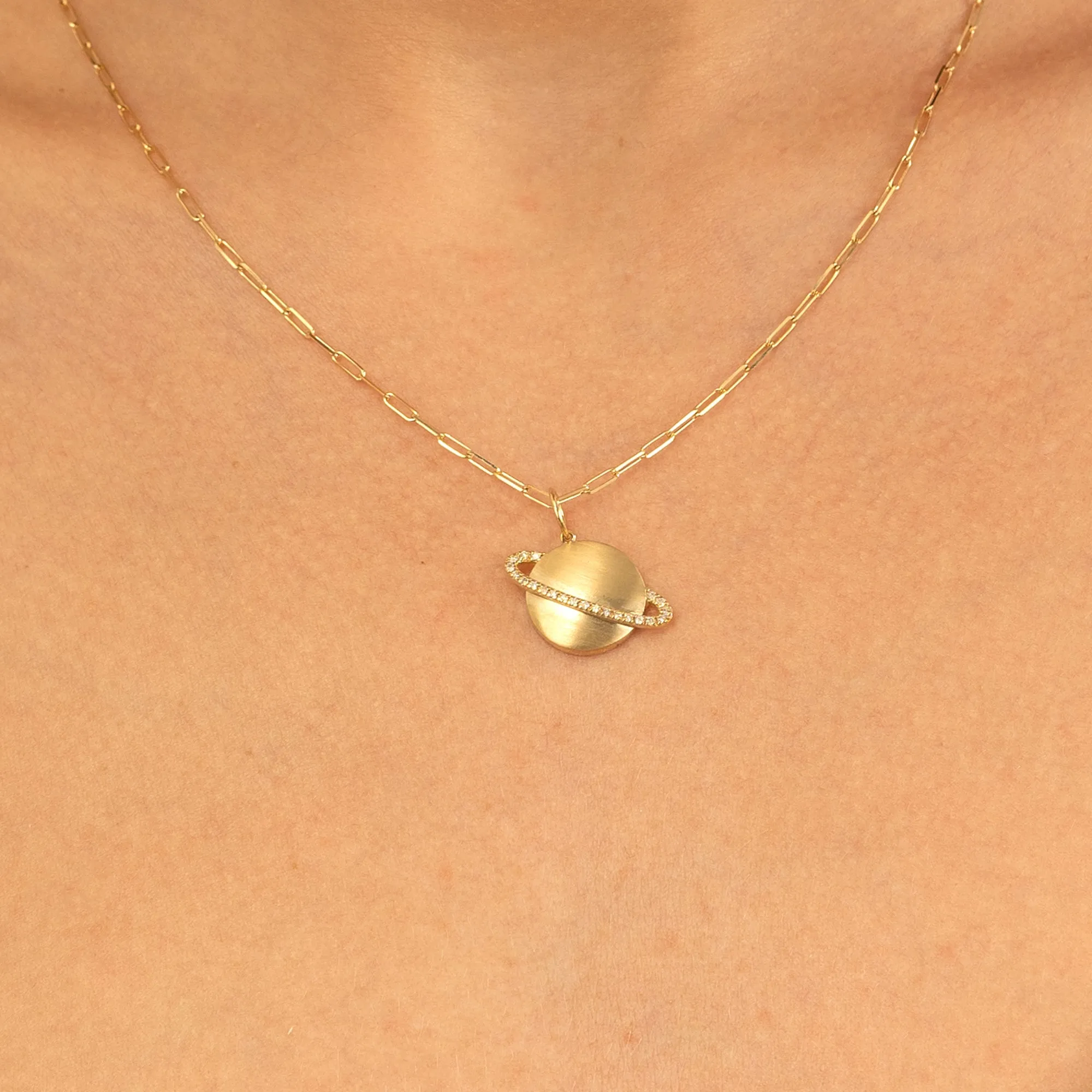 Diamond Saturn Charm Paperclip Necklace, Michelle SARAHELISE