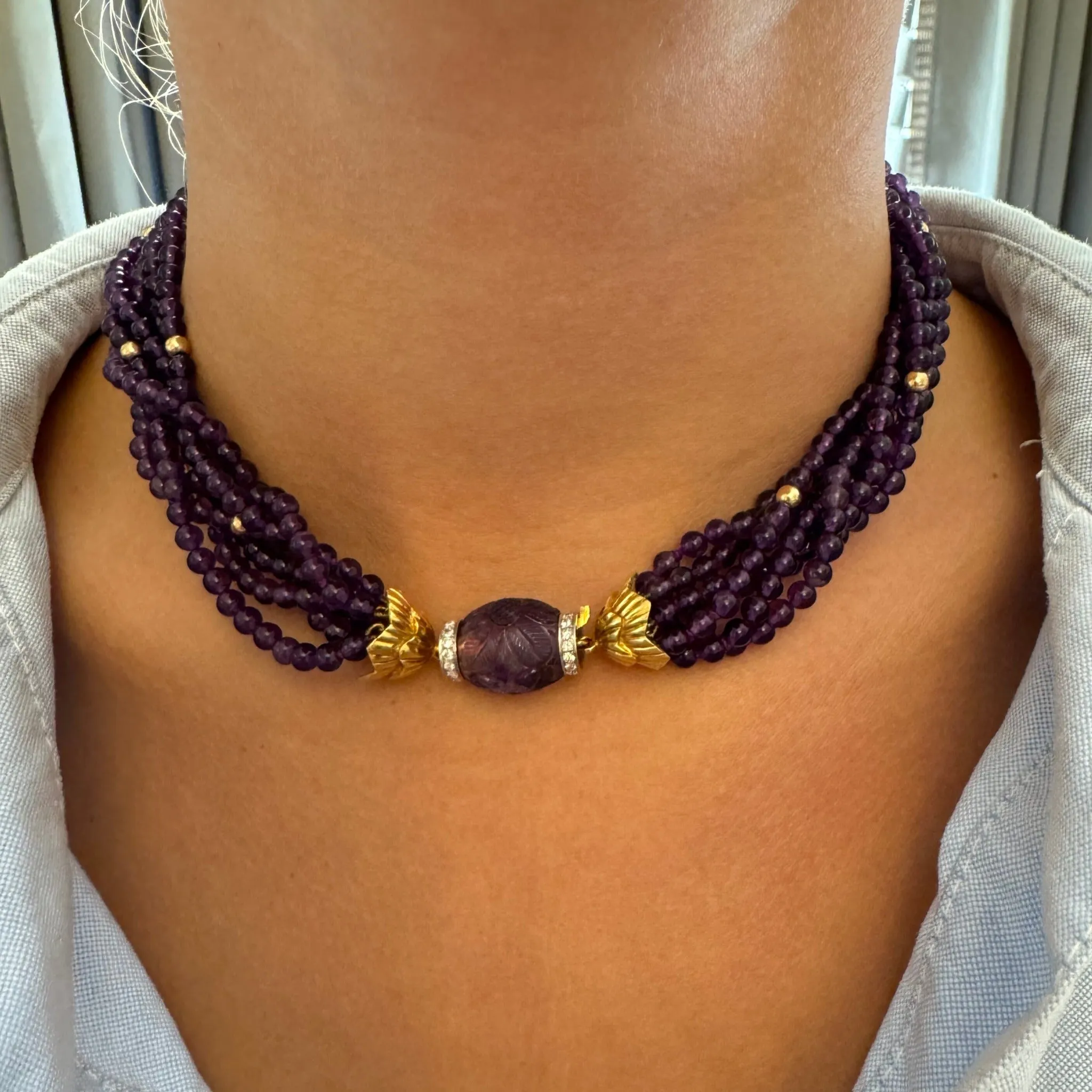 Estate 7-Strand Amethyst 18K Gold Beaded Necklace Croghans
