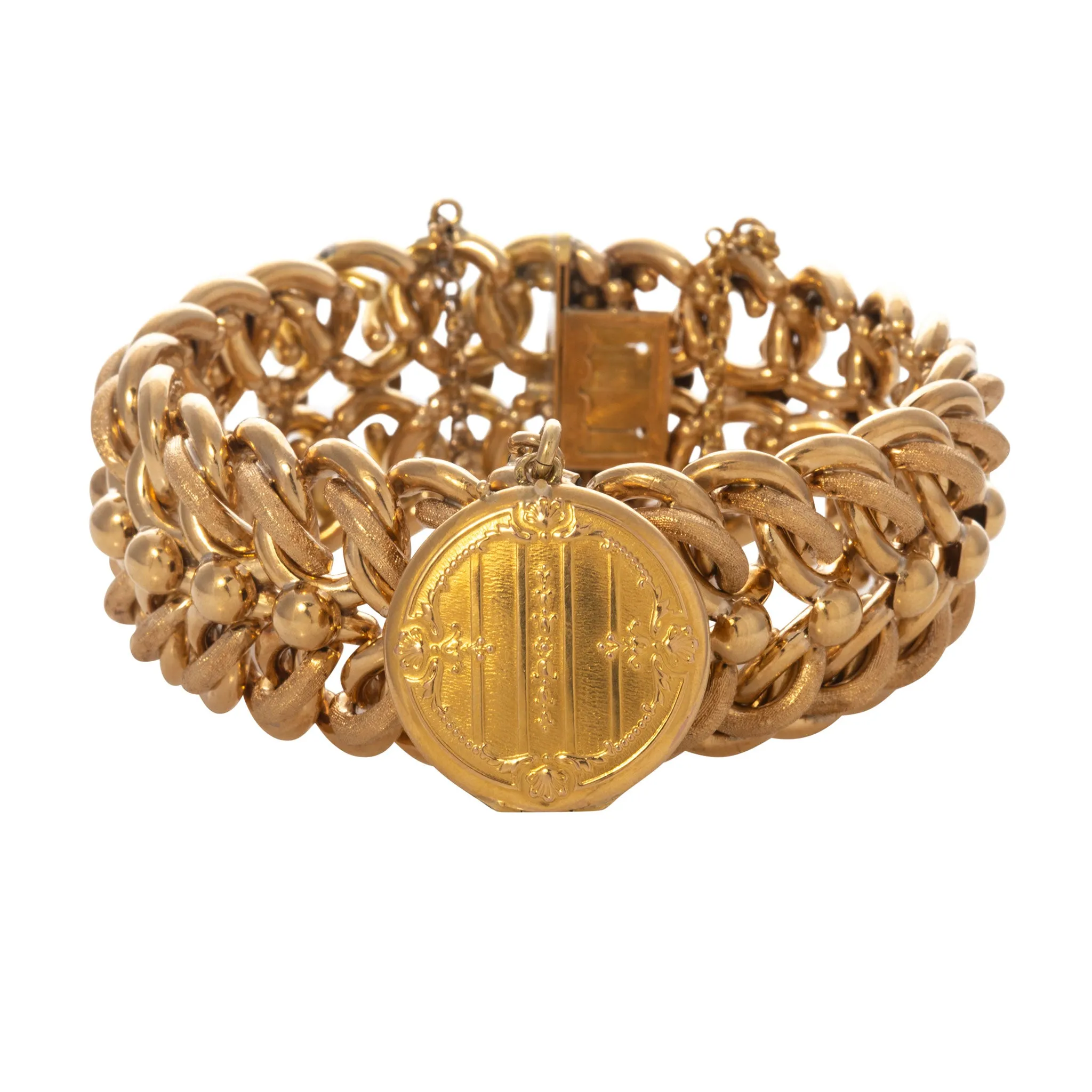 Estate French 18K Gold Locket Charm Wide Link Bracelet