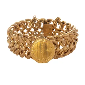 Estate French 18K Gold Locket Charm Wide Link Bracelet
