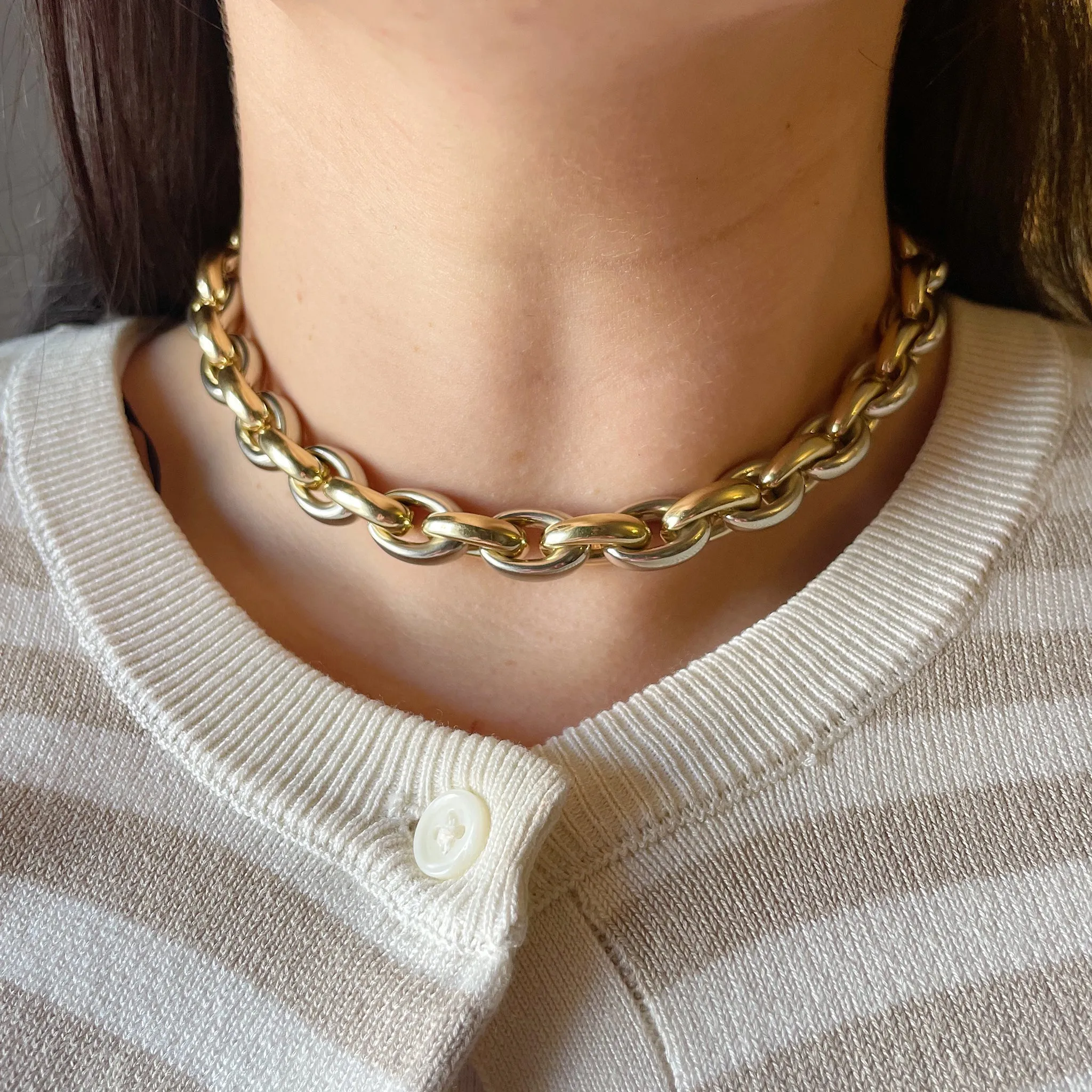 Estate Italian 14K Gold Two Tone Oval Link Necklace Croghans