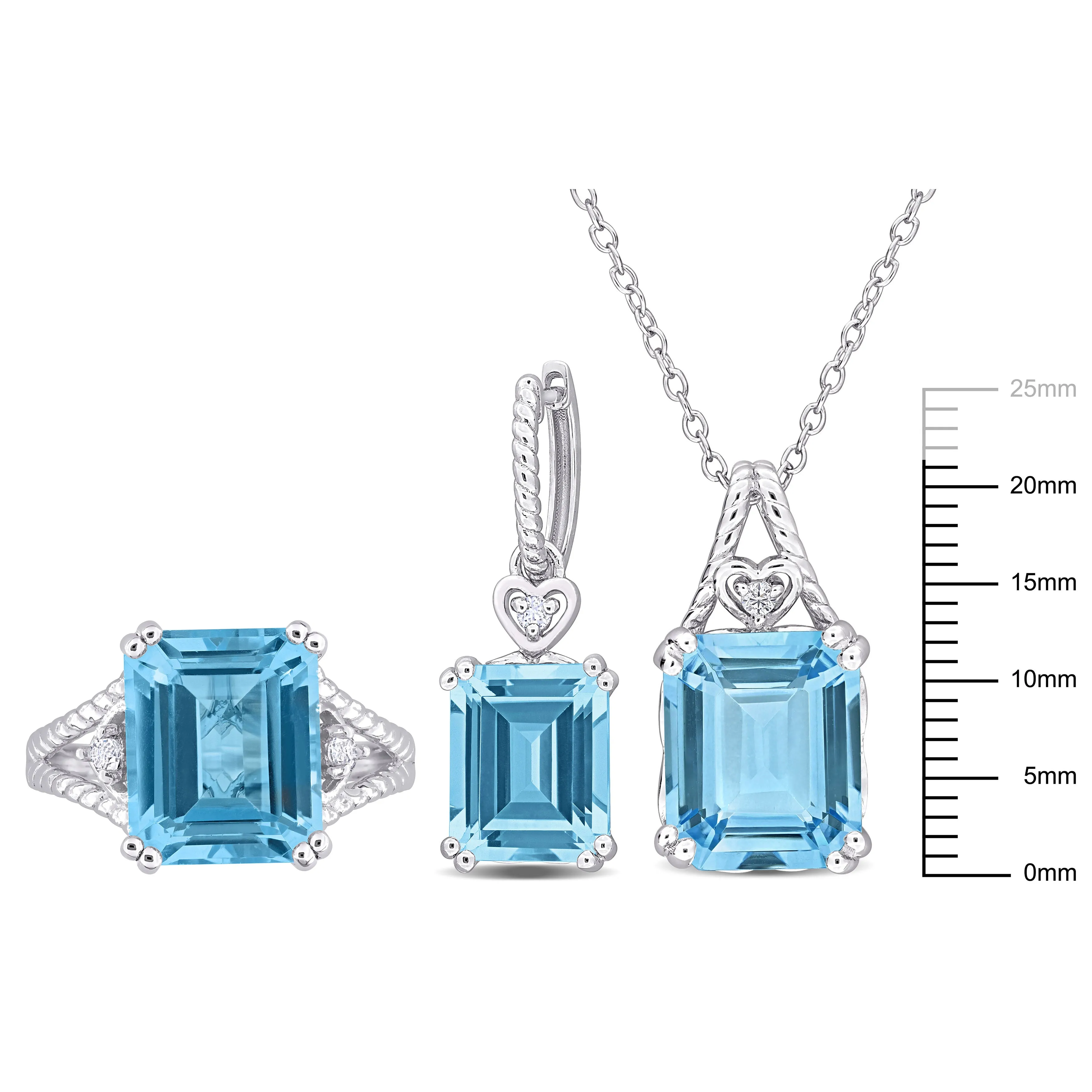 Mimi & Max 23 1/3ct TGW Octagon-Cut Sky Blue White Topaz Heart Jewelry Set Sterling Silver