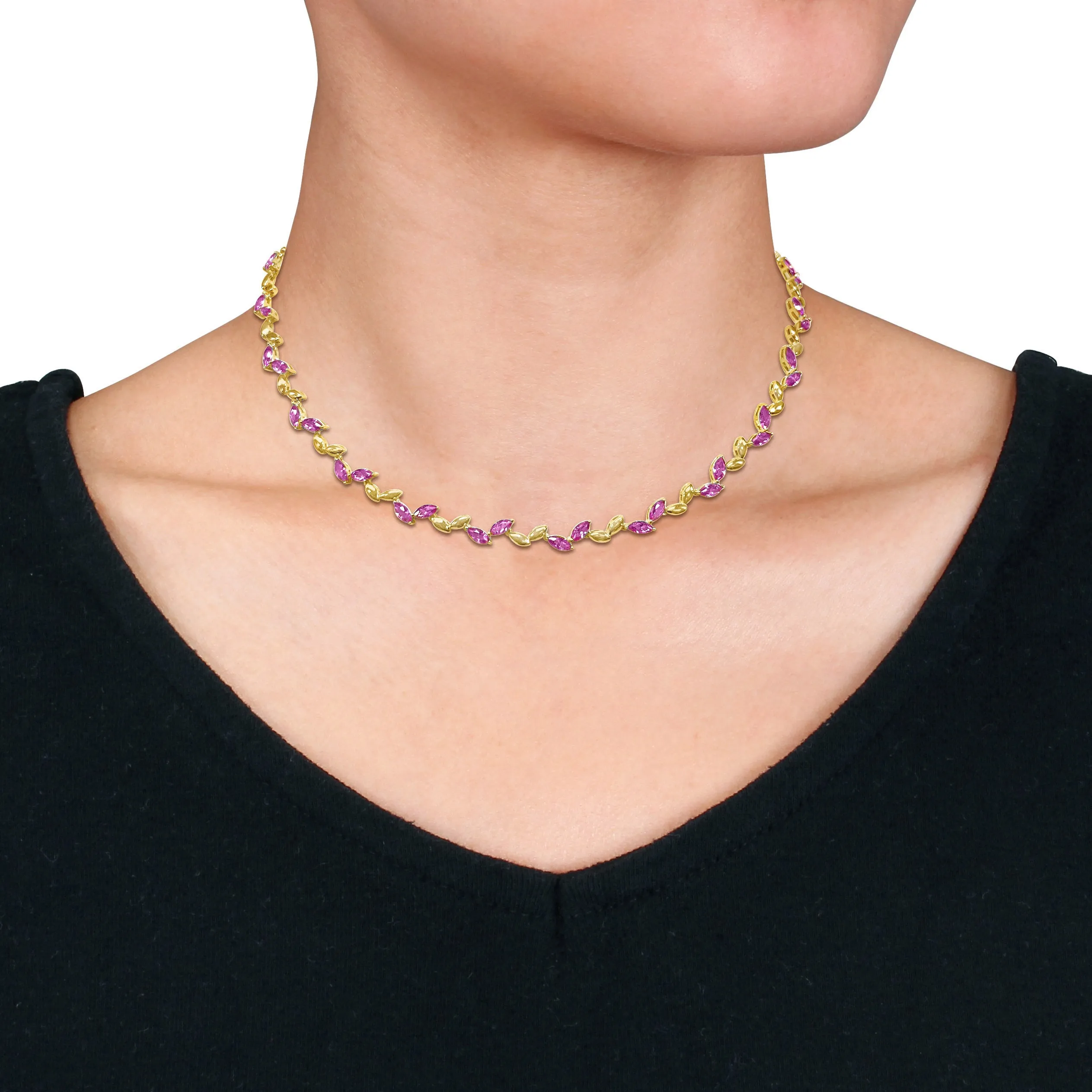 Mimi & Max 29 7/8ct TGW Created Pink Sapphire Leaf Necklace Bracelet Yellow Plated Sterling Silver