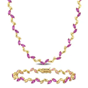 Mimi & Max 29 7/8ct TGW Created Pink Sapphire Leaf Necklace Bracelet Yellow Plated Sterling Silver