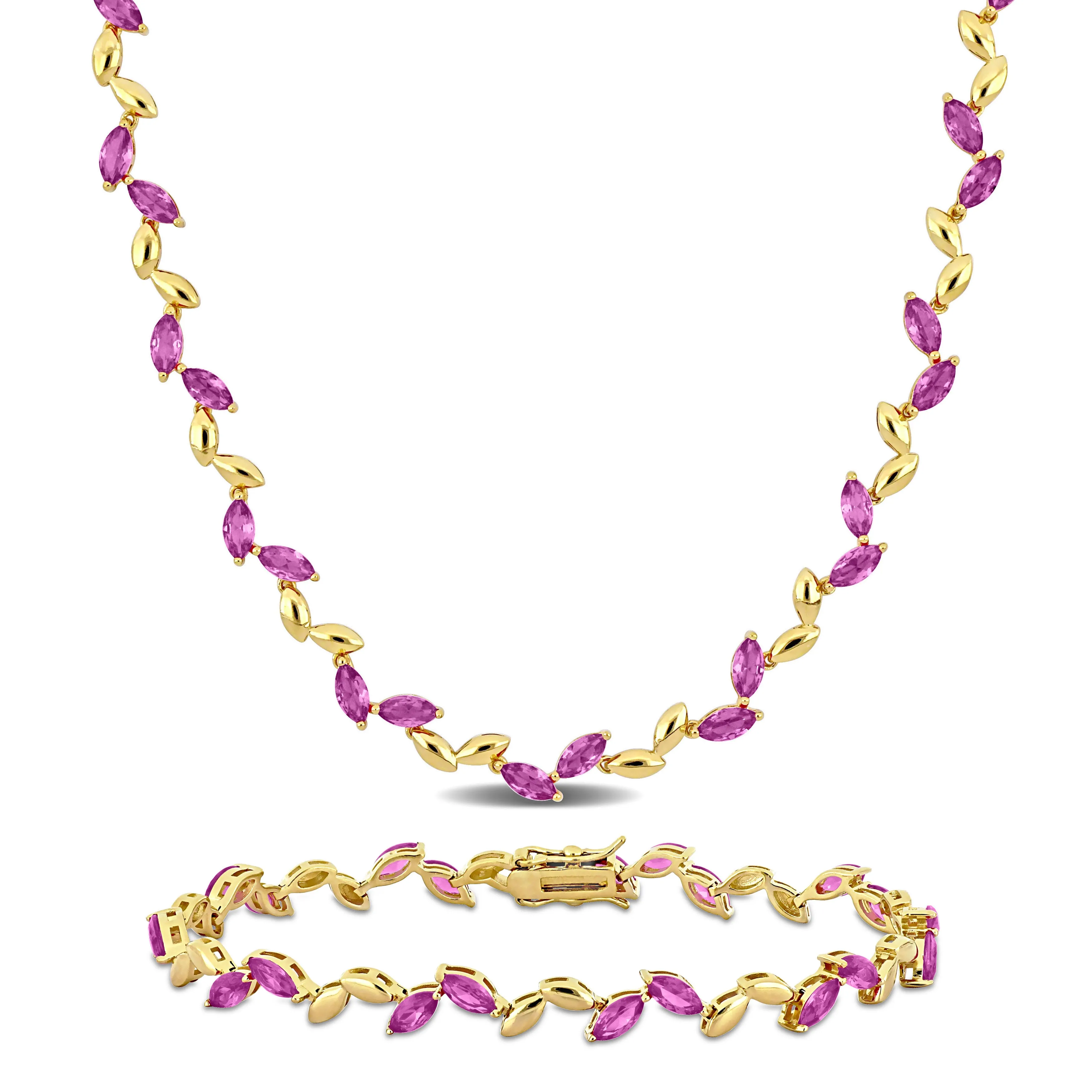 Mimi & Max 29 7/8ct TGW Created Pink Sapphire Leaf Necklace Bracelet Yellow Plated Sterling Silver