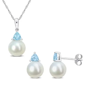Mimi & Max 8-8.5mm Cultured Freshwater Pearl 4/5ct TGW Sky Blue Topaz Jewelry Set 10k White Gold