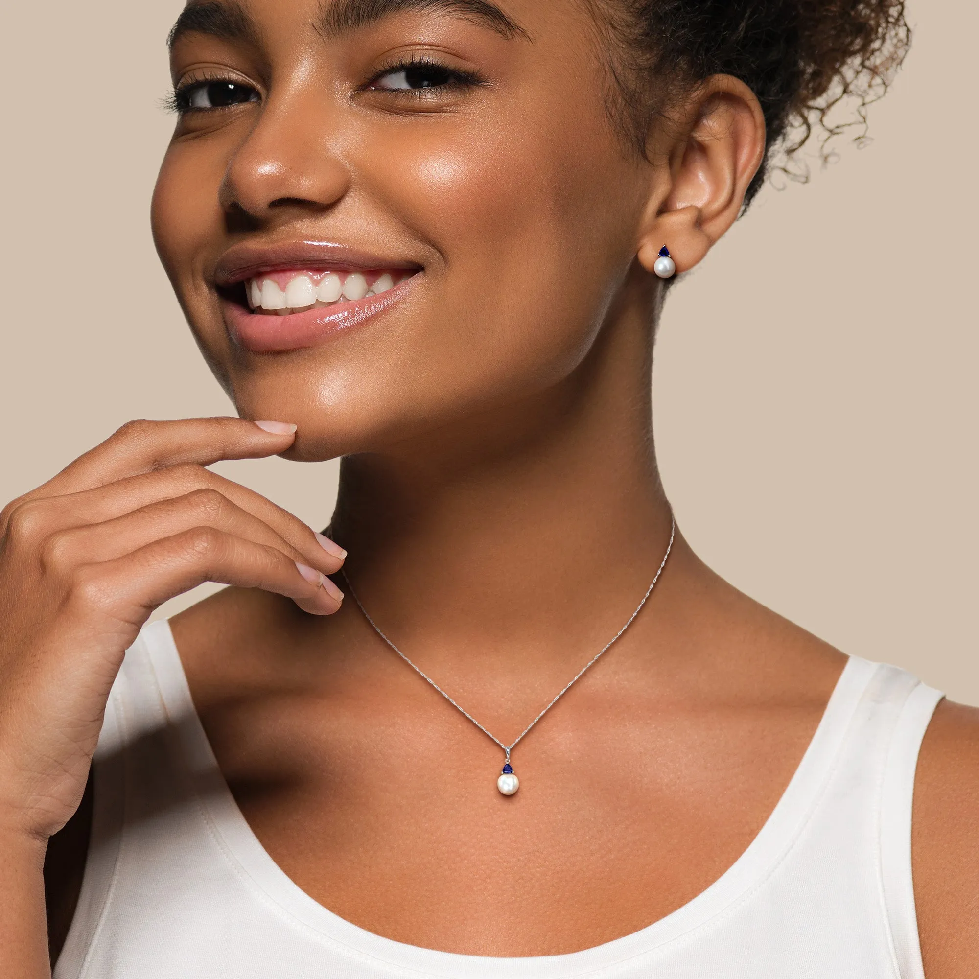 Mimi & Max Cultured Freshwater Pearl 1 1/5ct TGW Created Blue Sapphire Jewelry Set 10k White Gold