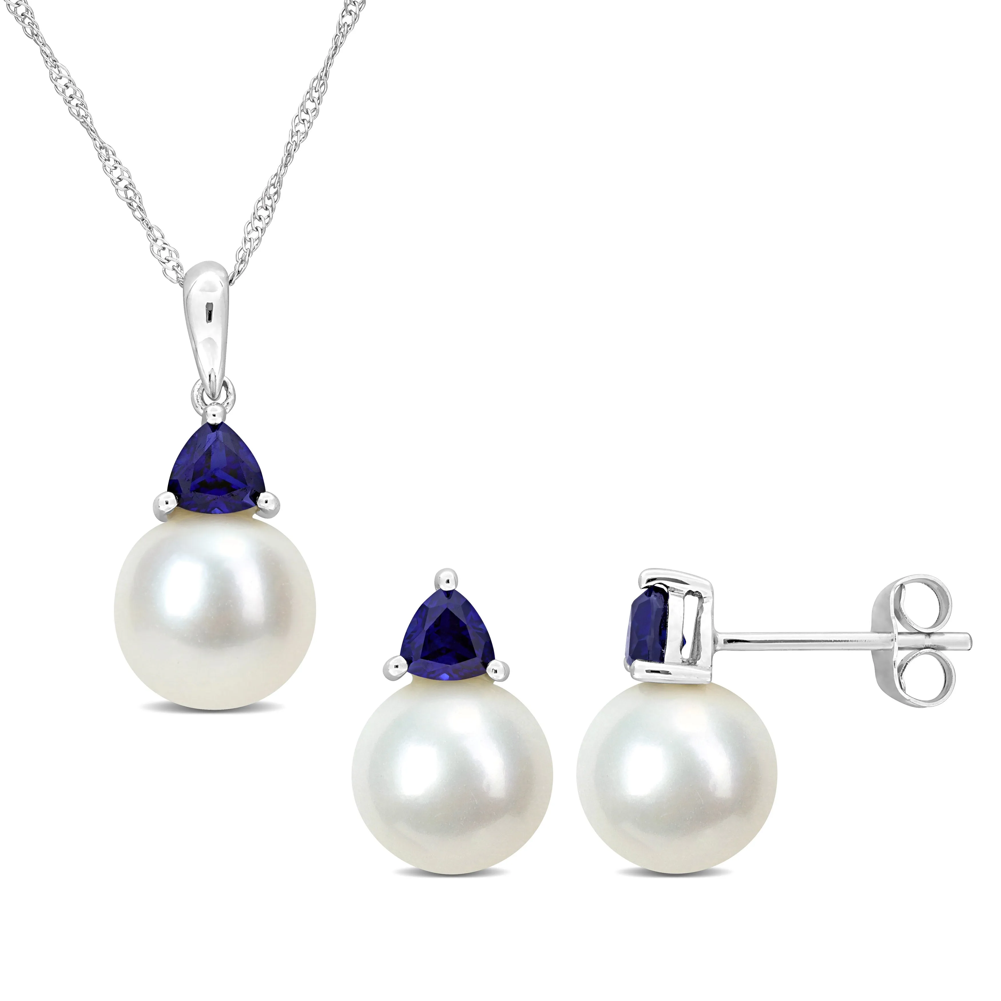 Mimi & Max Cultured Freshwater Pearl 1 1/5ct TGW Created Blue Sapphire Jewelry Set 10k White Gold