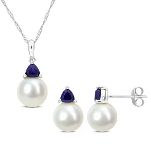 Mimi & Max Cultured Freshwater Pearl 1 1/5ct TGW Created Blue Sapphire Jewelry Set 10k White Gold