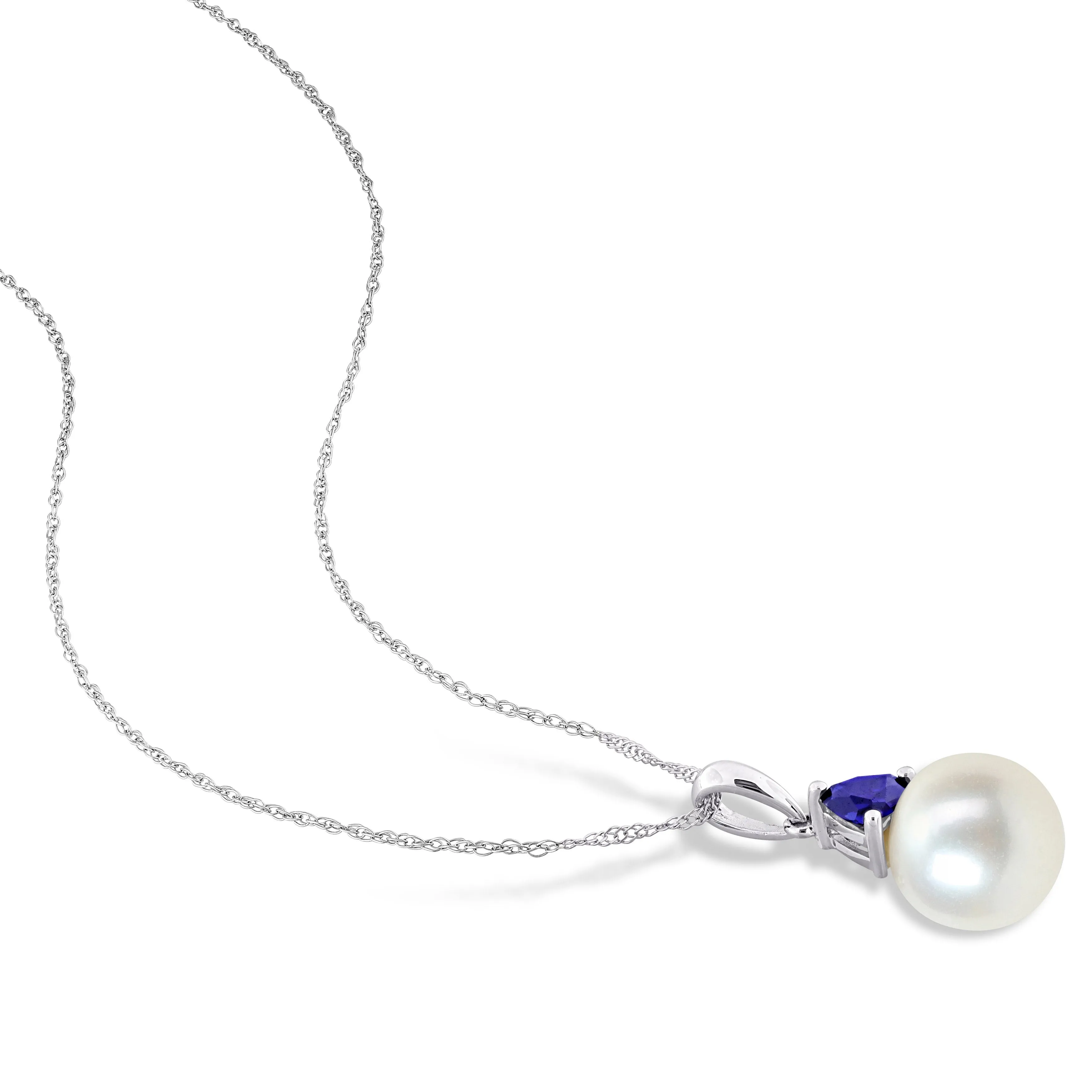 Mimi & Max Cultured Freshwater Pearl 1 1/5ct TGW Created Blue Sapphire Jewelry Set 10k White Gold