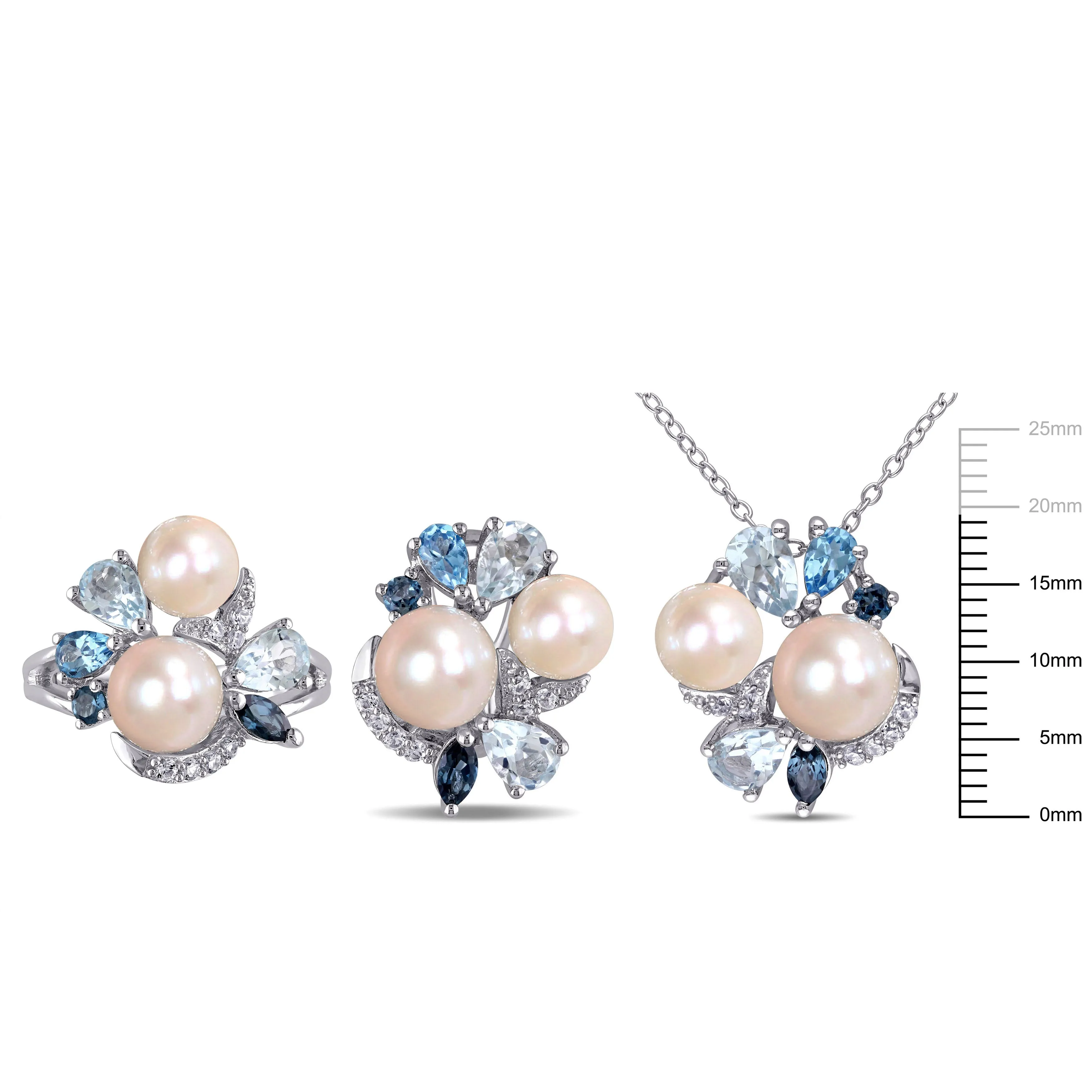 Mimi & Max Cultured Freshwater Pearl 6 2/5ct TGW Created White Sapphire Blue Topaz Jewelry Set Sterling Silver