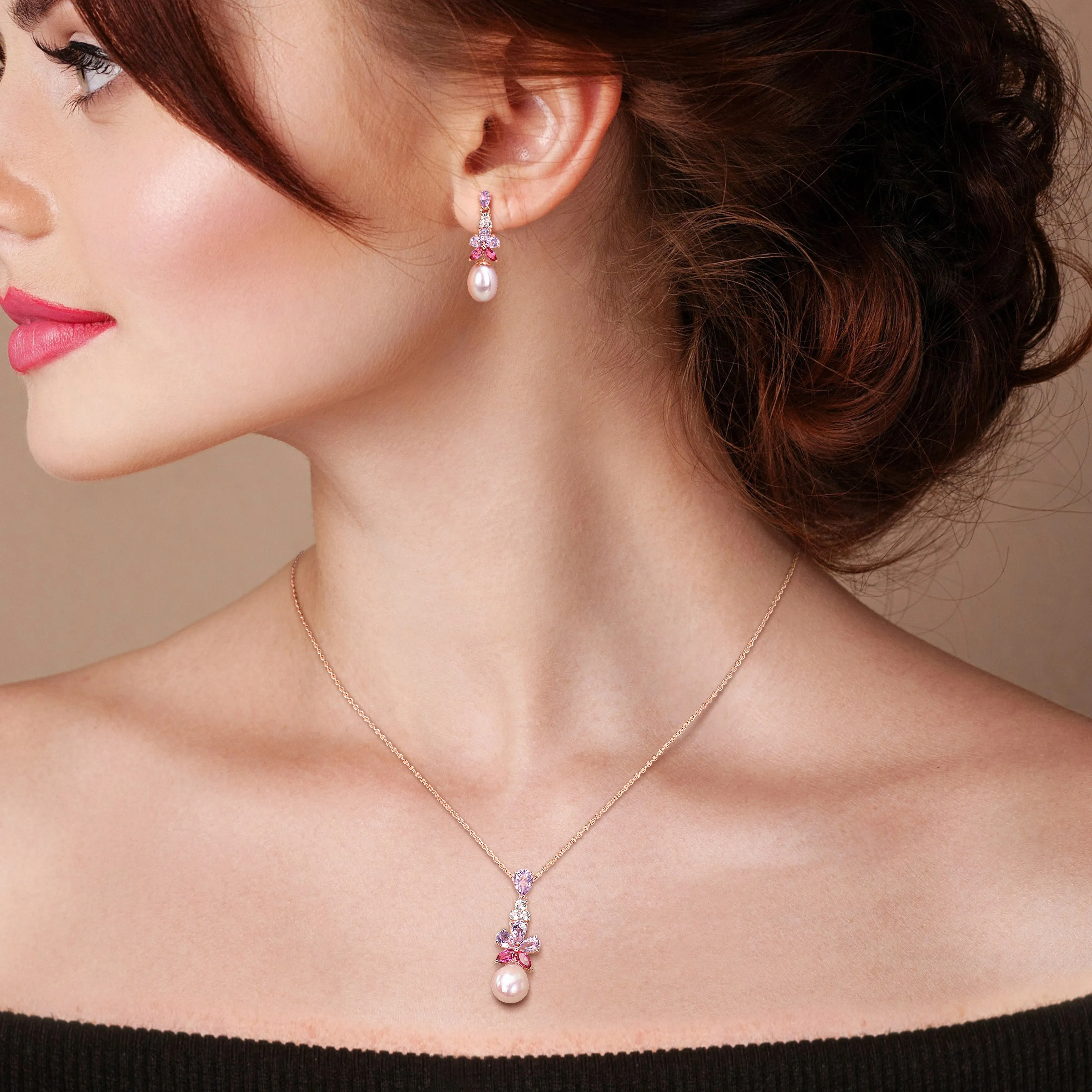 Mimi & Max Pink Cultured Freshwater Pearl 4 4/5ct TGW Rose de France Pink White Topaz Jewelry Set Rose Silver