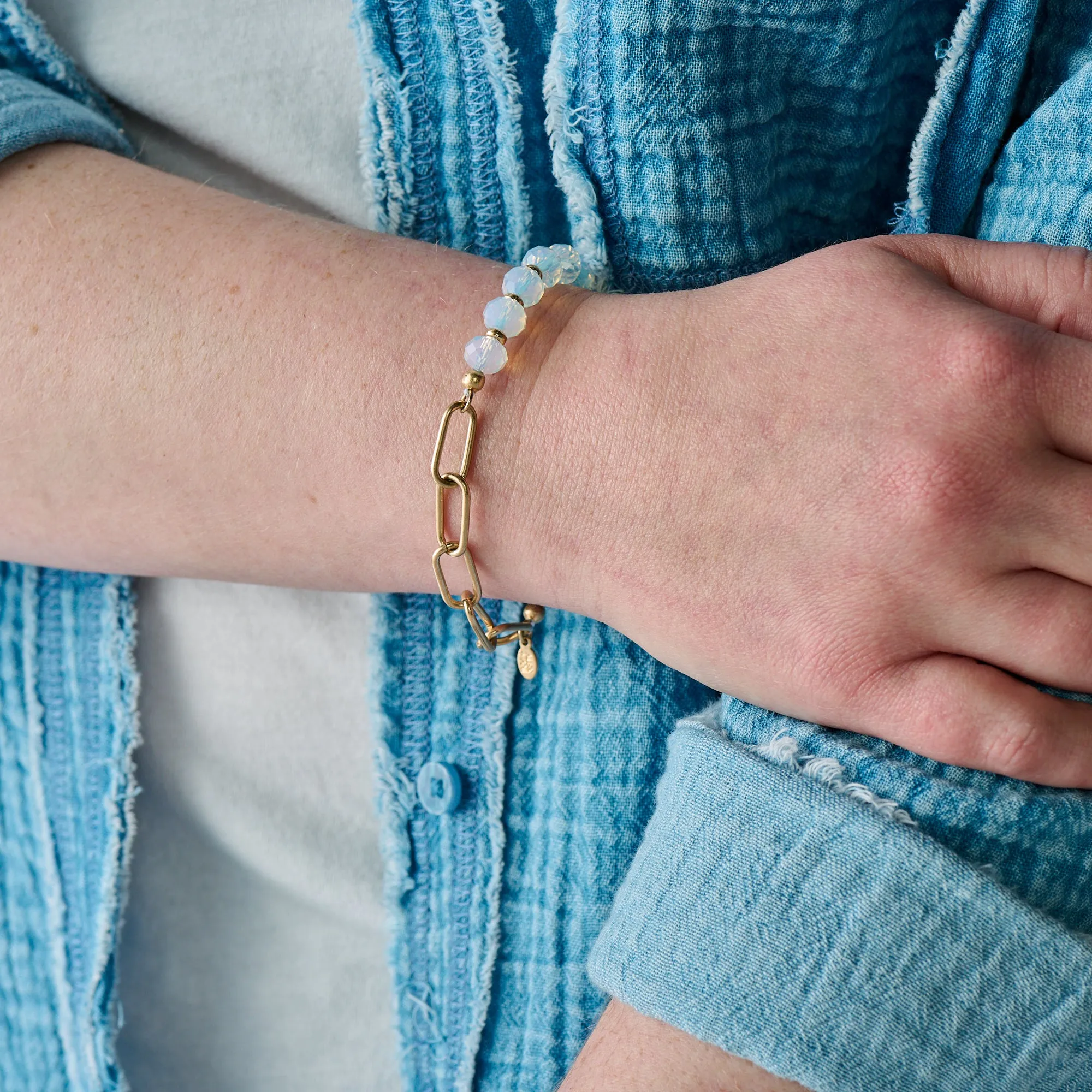 Moonstone Beaded and Chain Stretch Bracelet