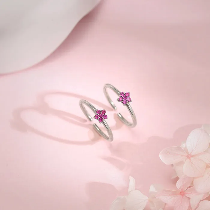 Oxidised Silver Pink Floral Toe Rings Giva