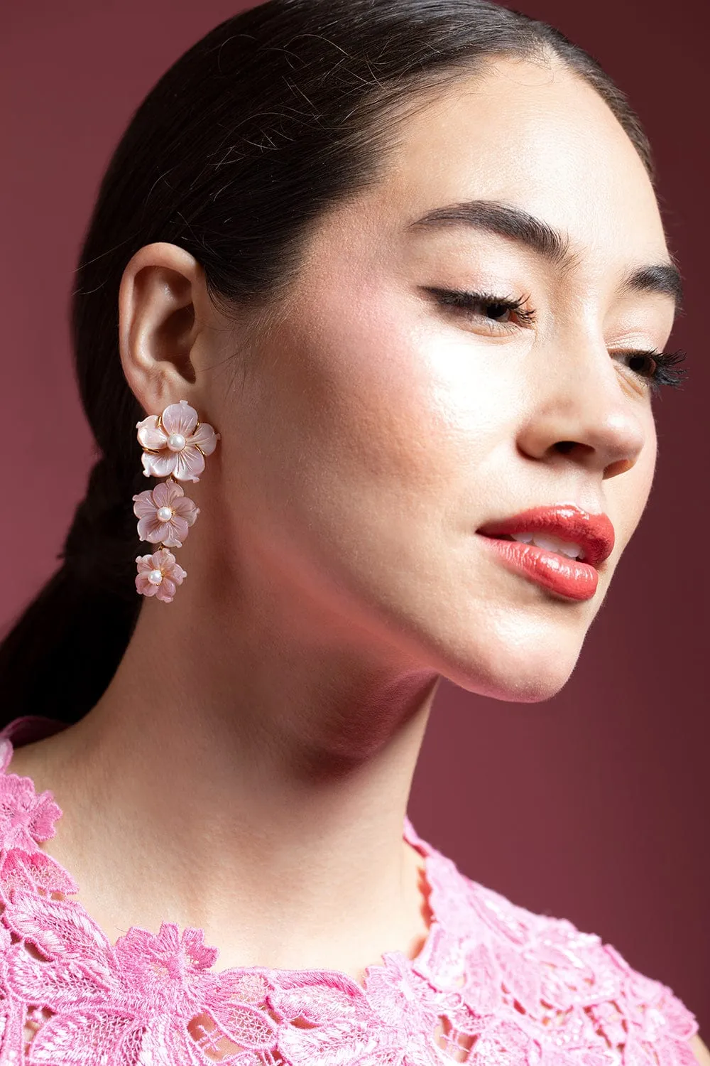Pink Shell Flower and Pearl Earrings