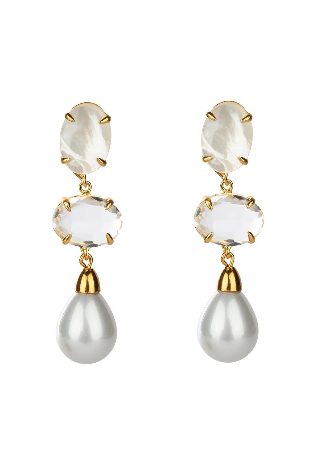Quartz Pearl Three Drop Earrings